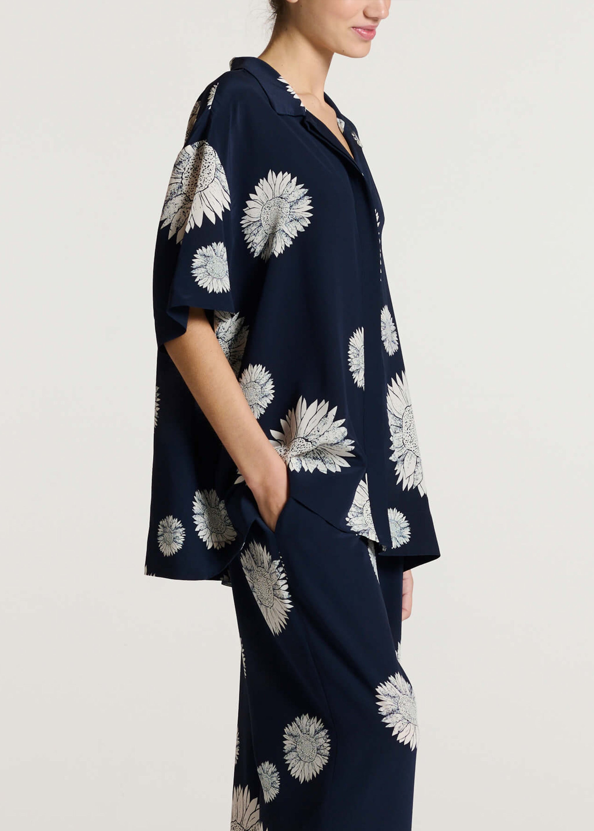 Montauk Shirt Navy Sunflower Silk Crepe