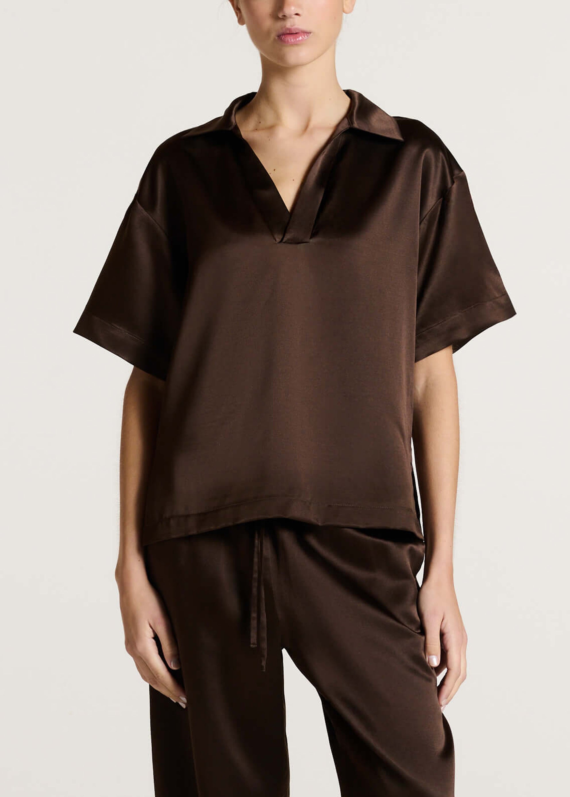 Modena Top Dark Brown Silk Wool Satin
