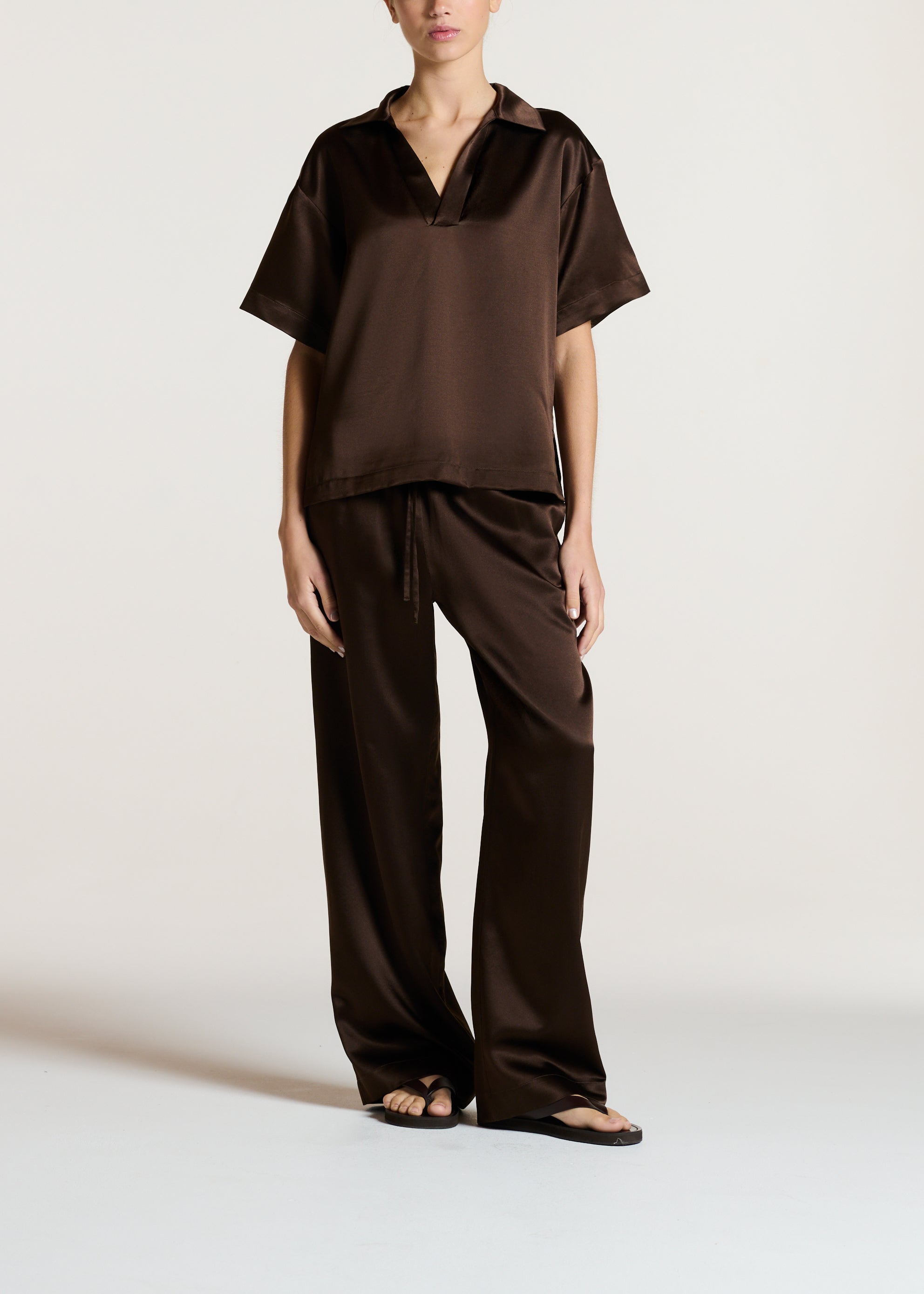 Modena Top Dark Brown Silk Wool Satin