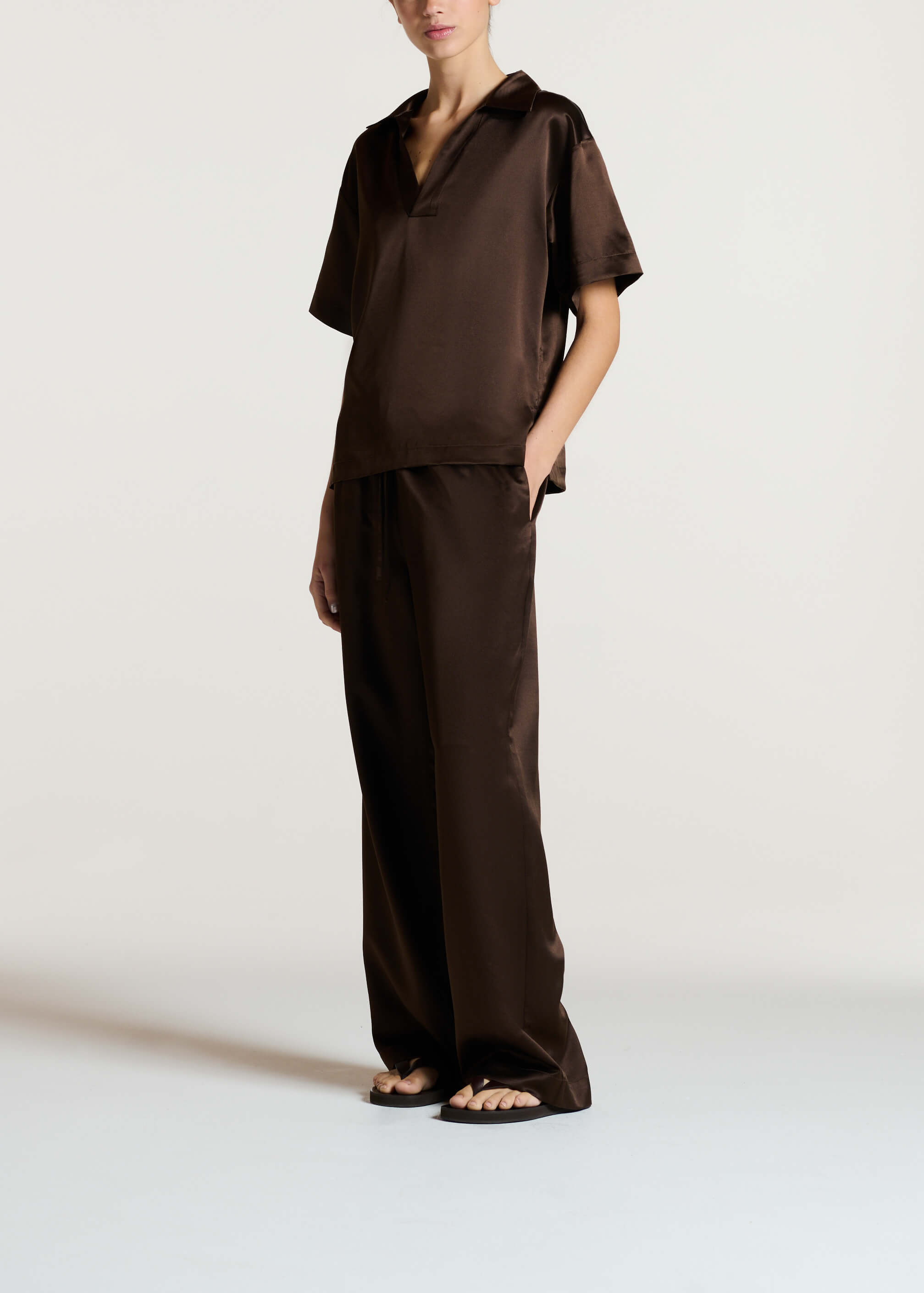 Modena Top Dark Brown Silk Wool Satin