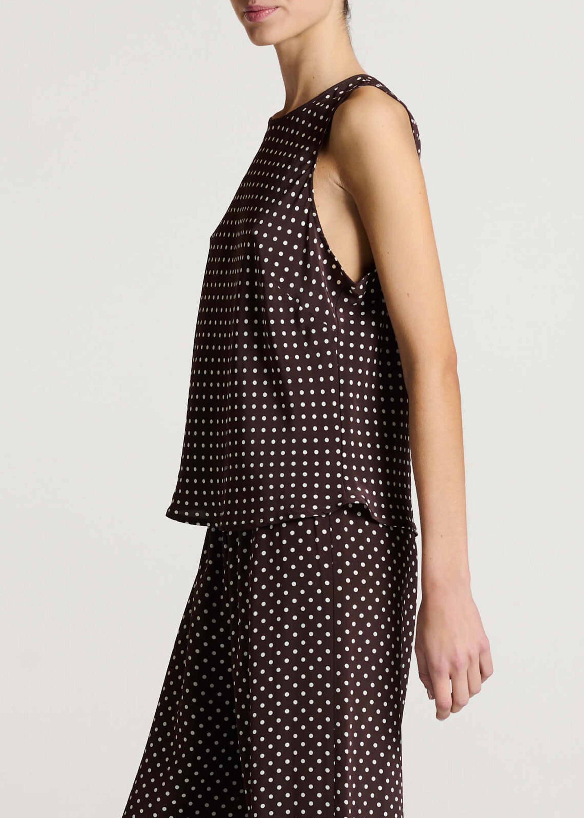 Coro Top Umber Brown Dot Silk Crepe