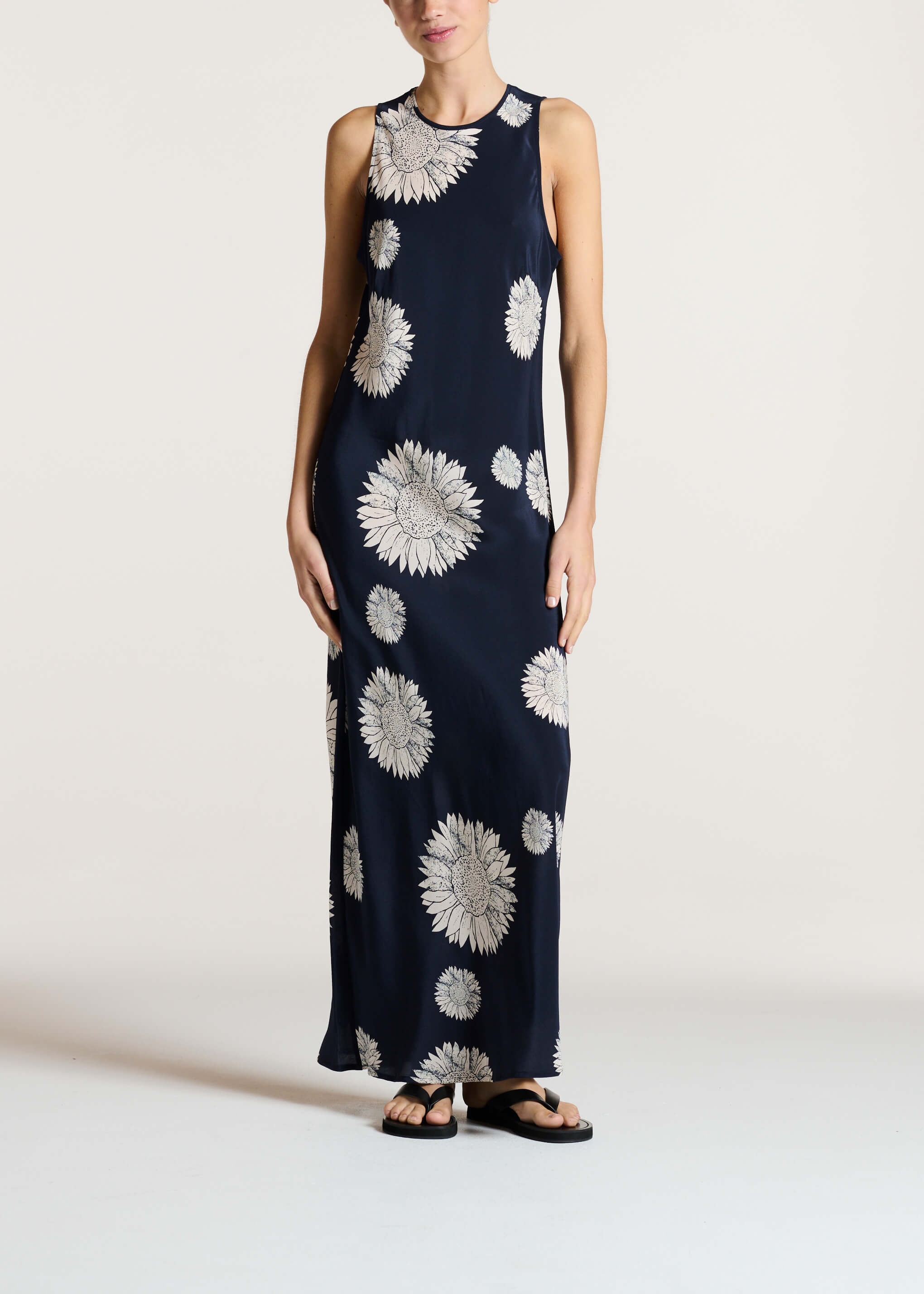 Valencia Dress Navy Sunflower Silk Crepe