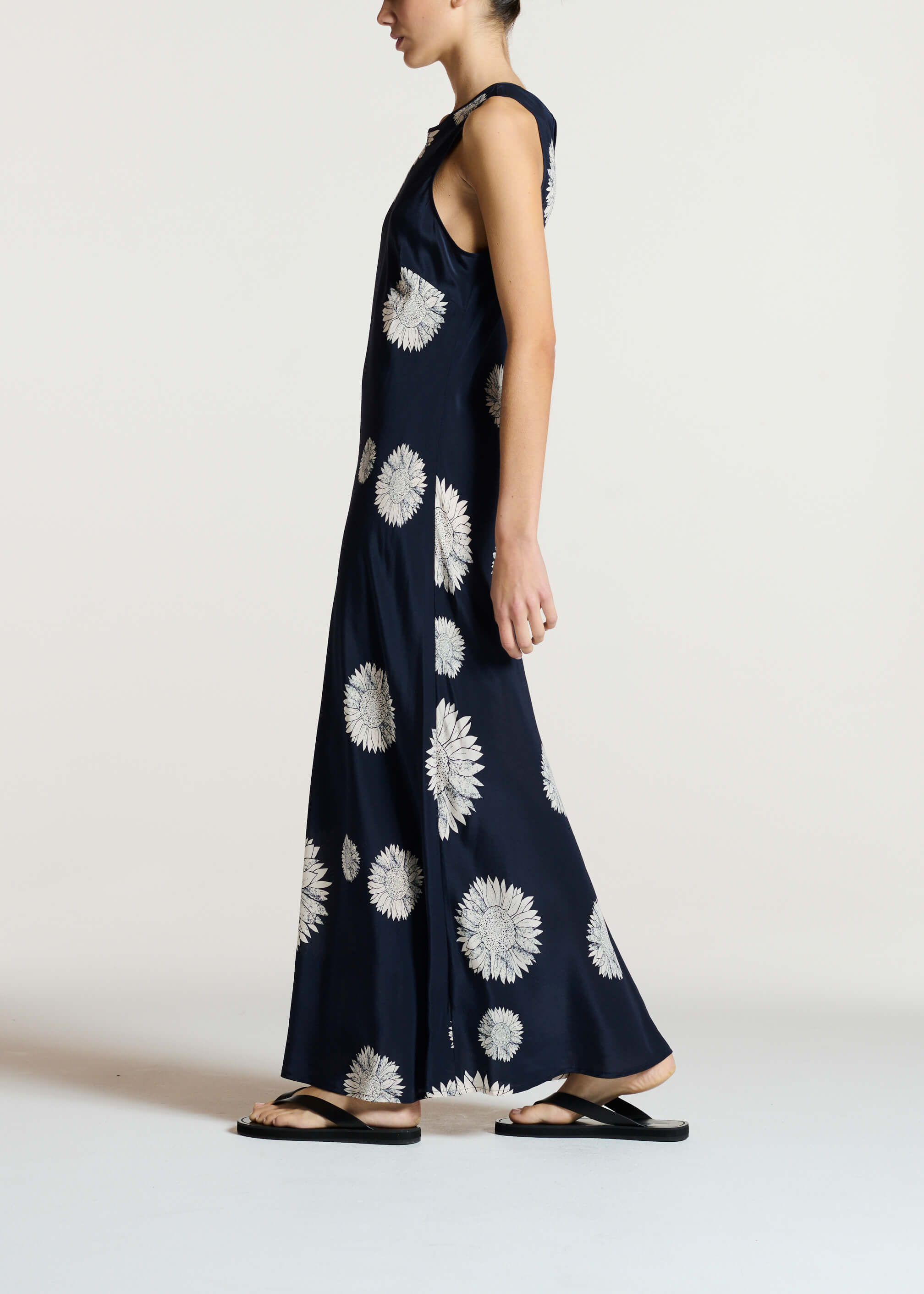 Valencia Dress Navy Sunflower Silk Crepe