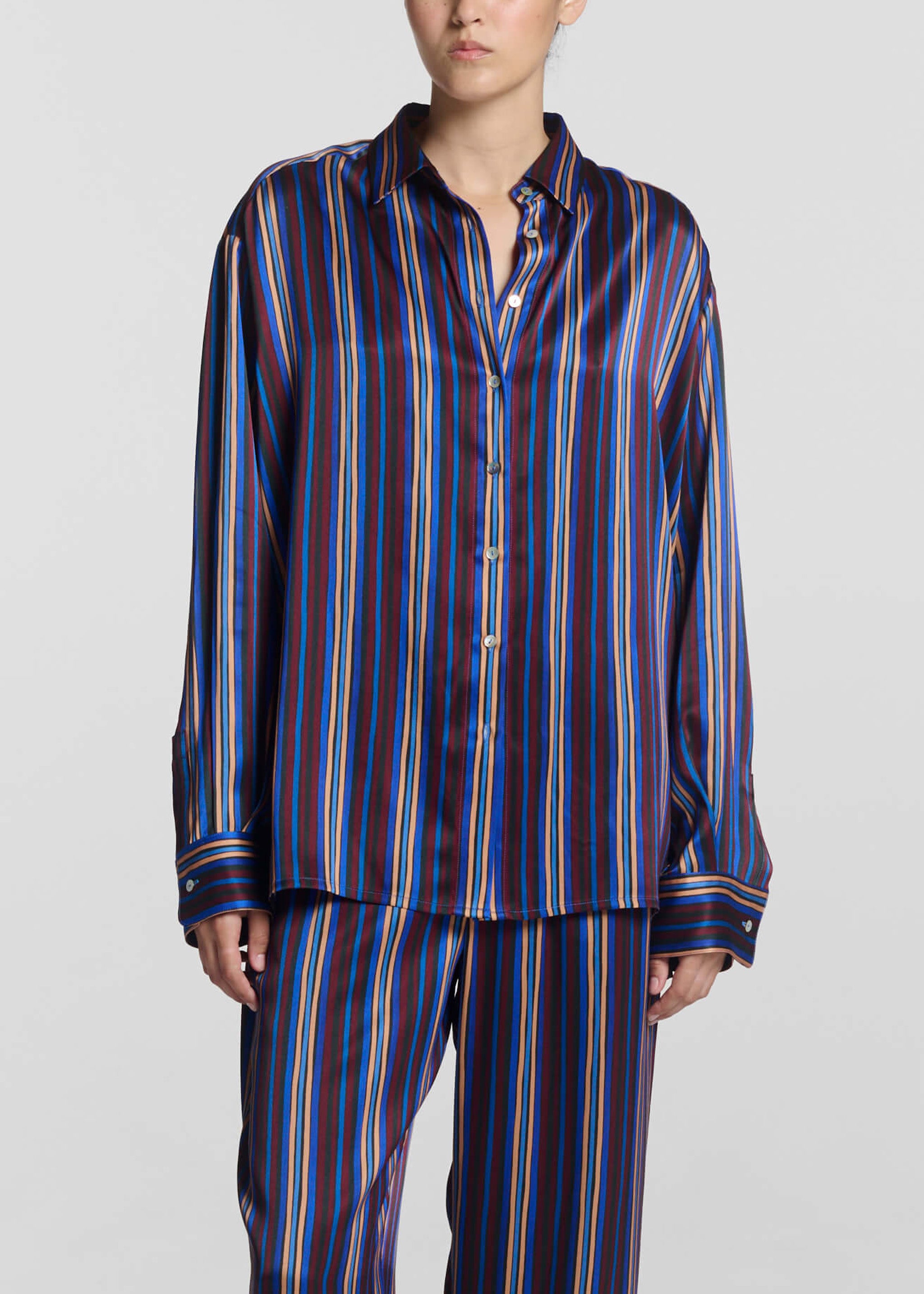 Maya Shirt Painted Stripe Blue Silk Charmeuse