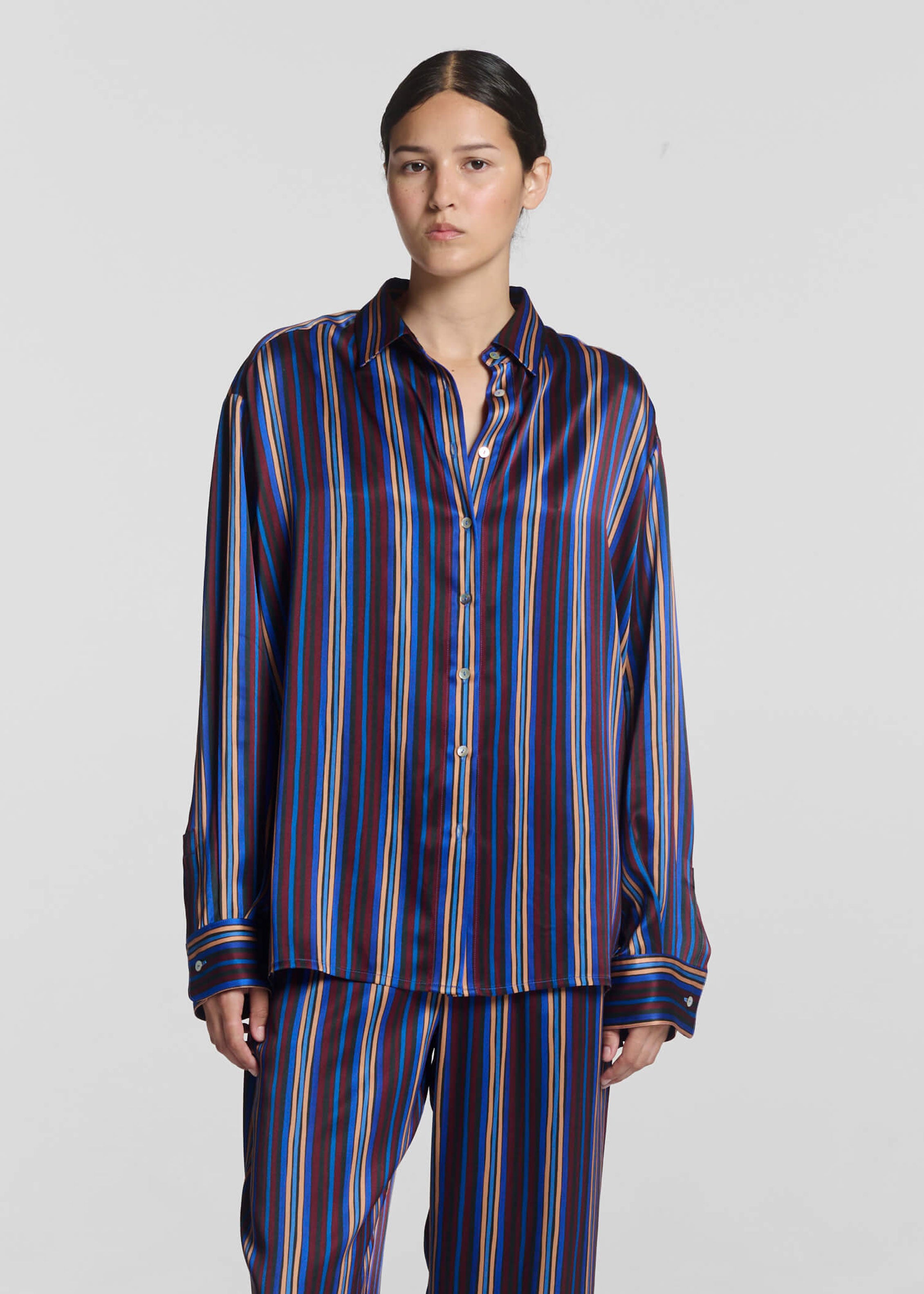 Maya Shirt Painted Stripe Blue Silk Charmeuse