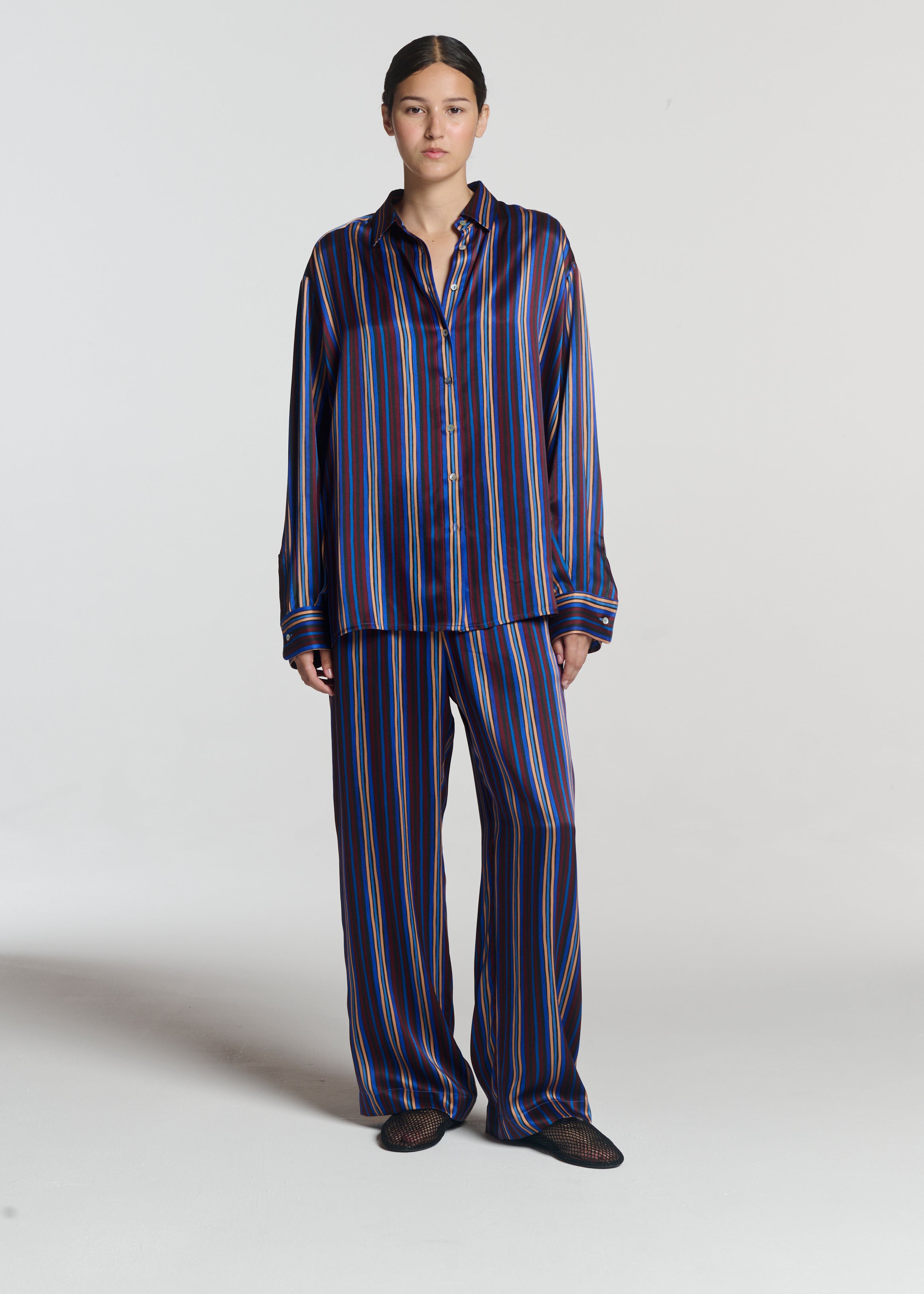 Maya Shirt Painted Stripe Blue Silk Charmeuse