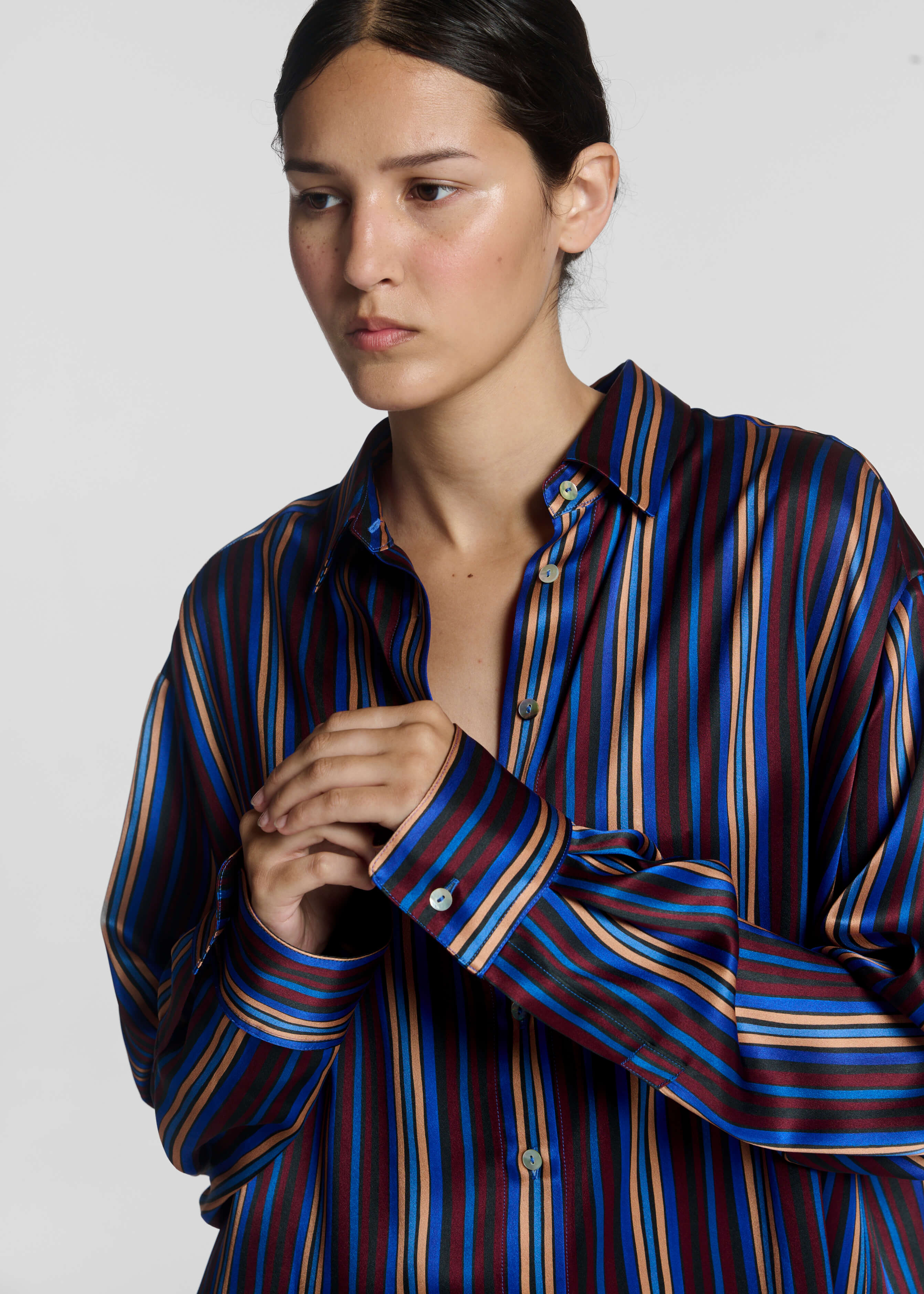 Maya Shirt Painted Stripe Blue Silk Charmeuse