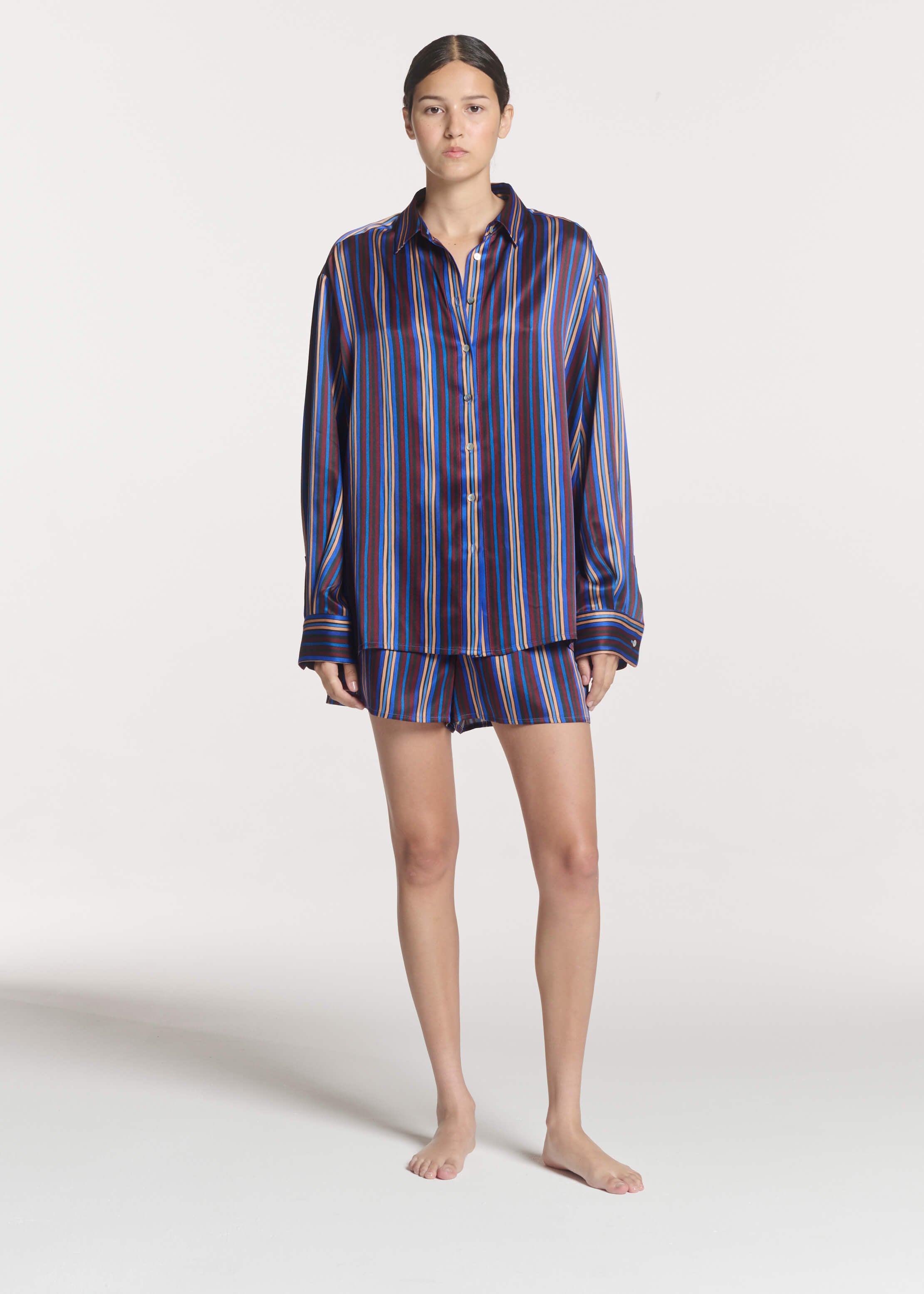 Maya Shirt Painted Stripe Blue Silk Charmeuse