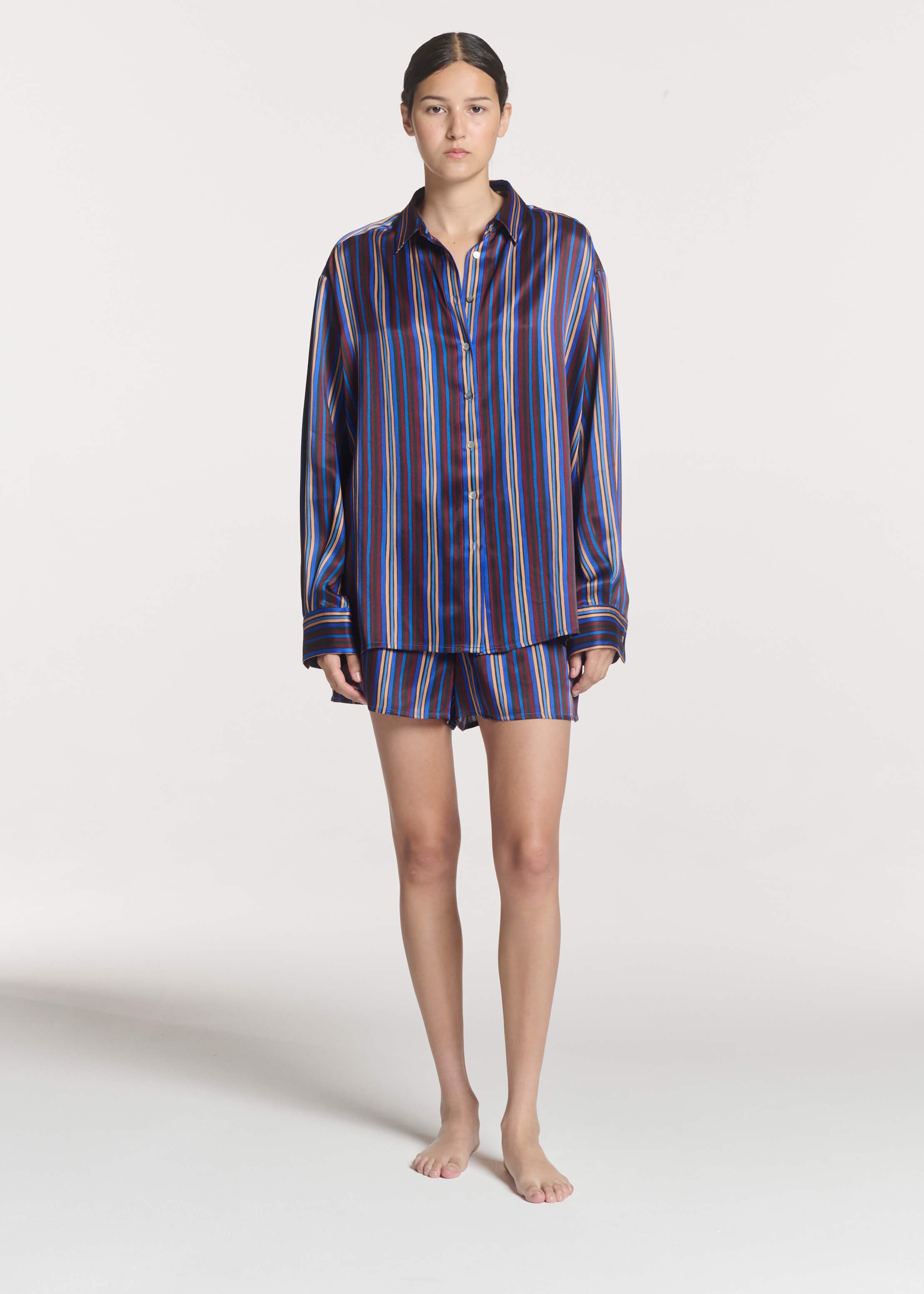 Franca Short Painted Stripe Blue Silk Charmeuse