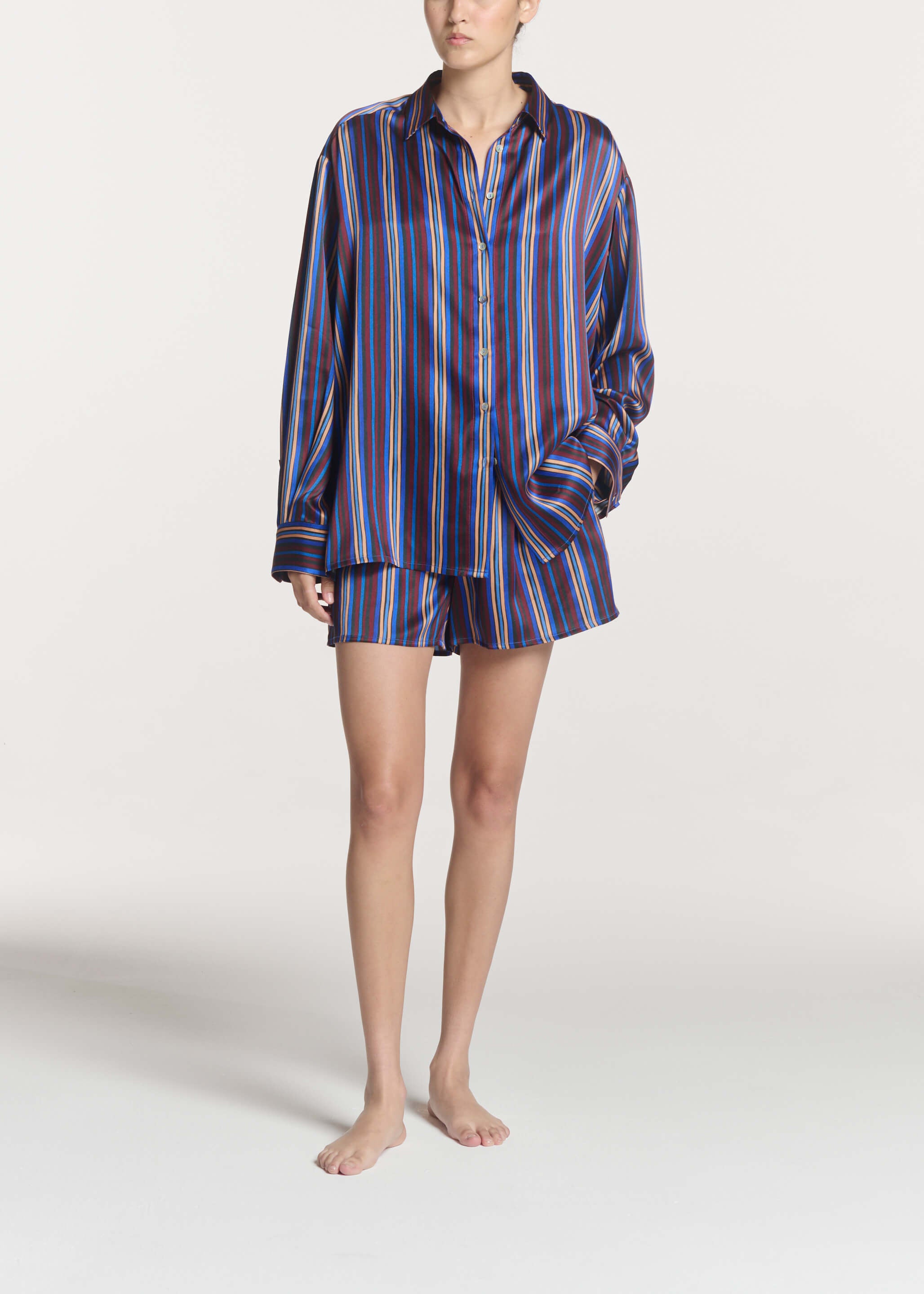 Franca Short Painted Stripe Blue Silk Charmeuse