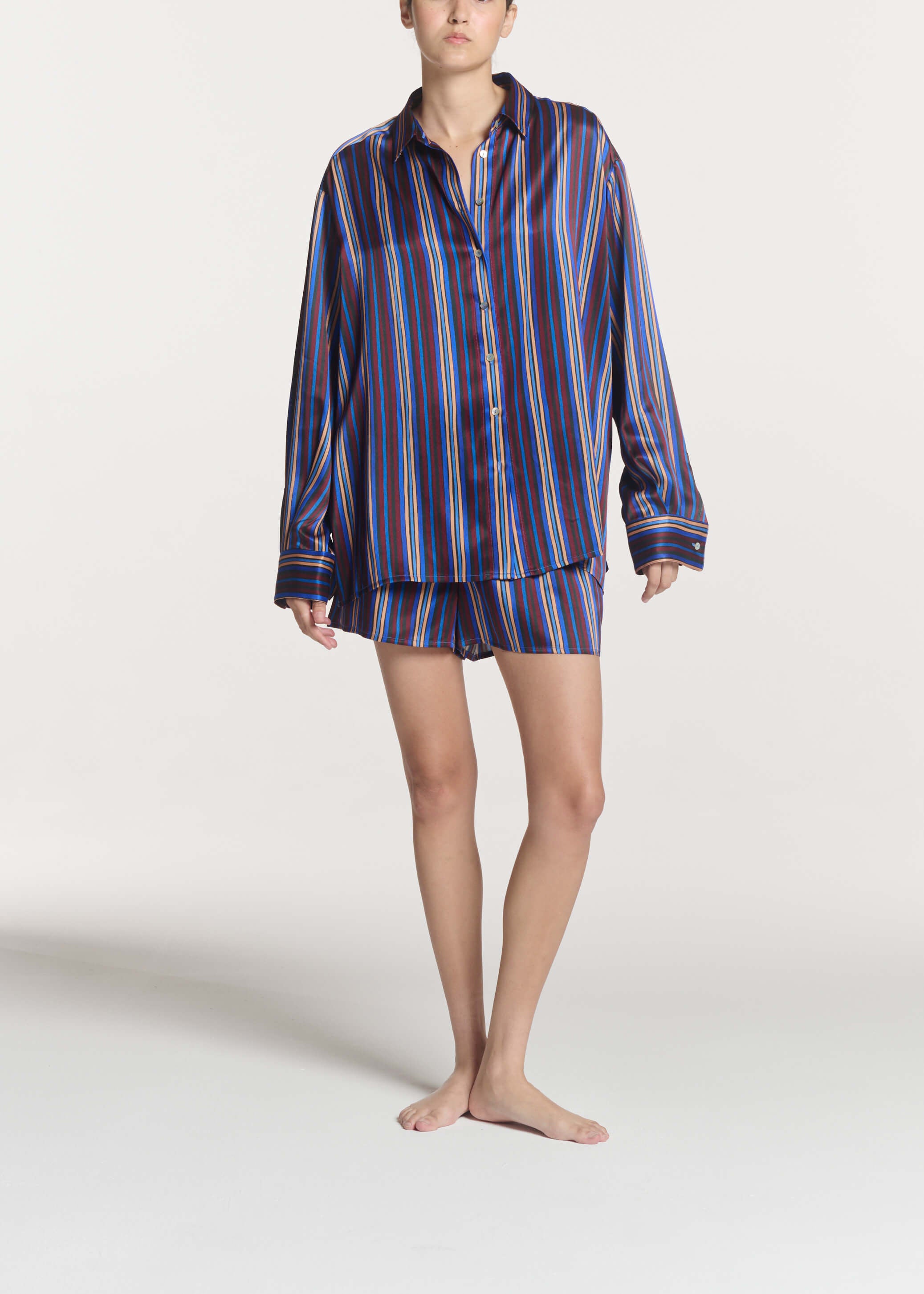 Maya Shirt Painted Stripe Blue Silk Charmeuse
