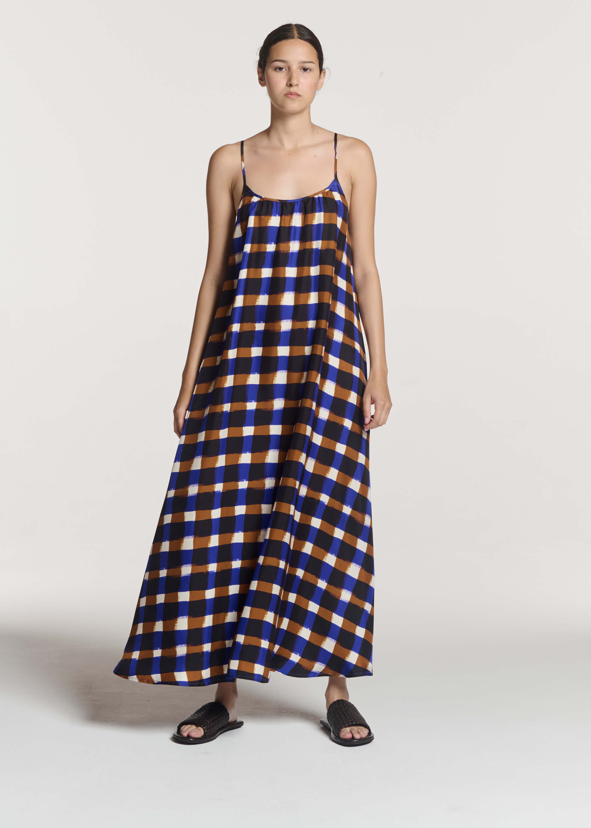 Napoli Dress Painted Check Bronze Silk Twill