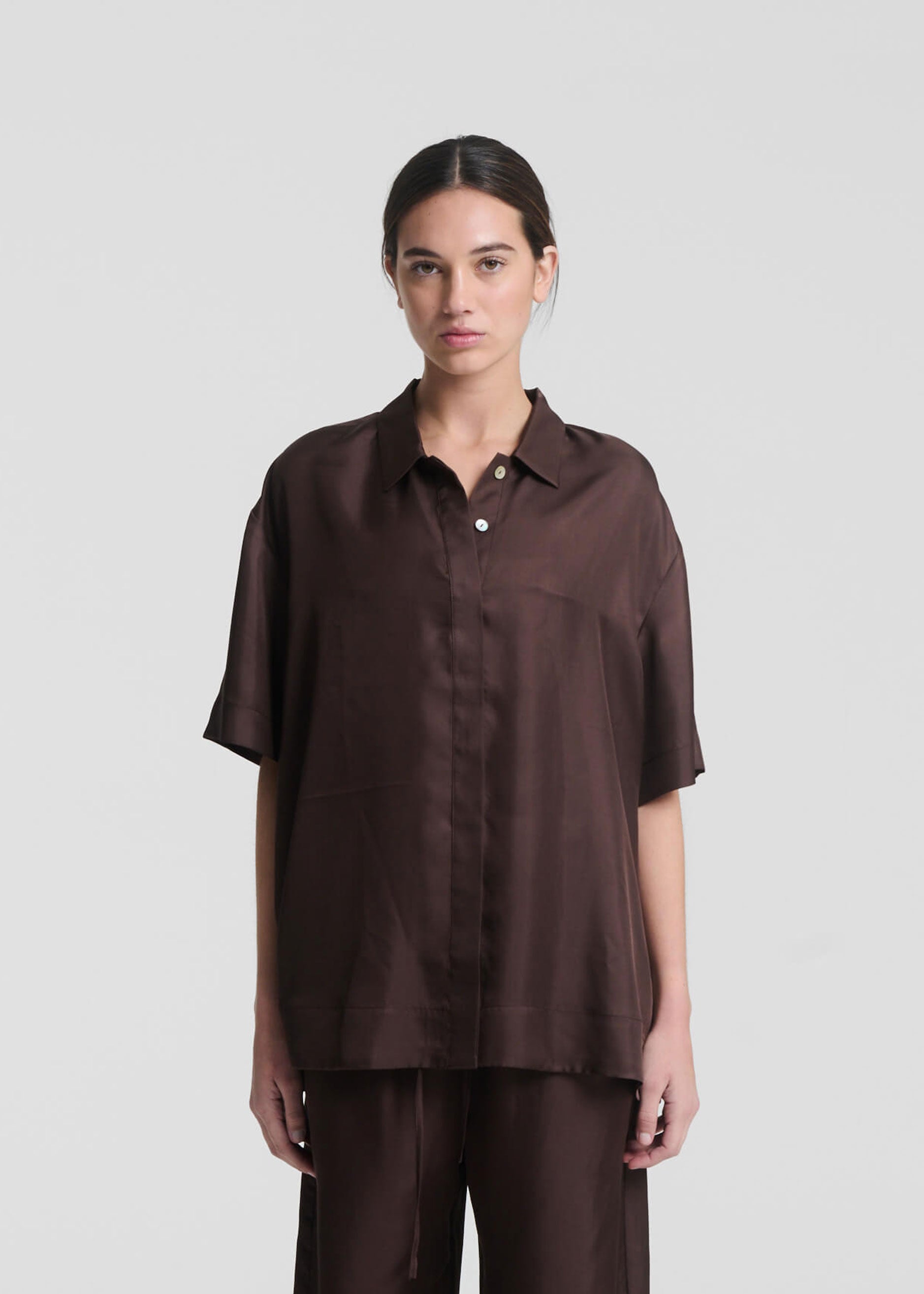 Short Sleeve Shirt Espresso Silk Twill