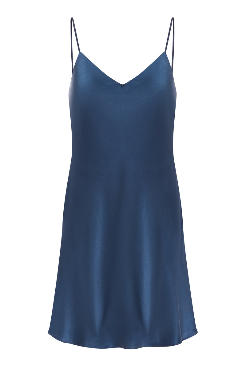Lyon Mini Dress Steel Blue Silk Charmeuse