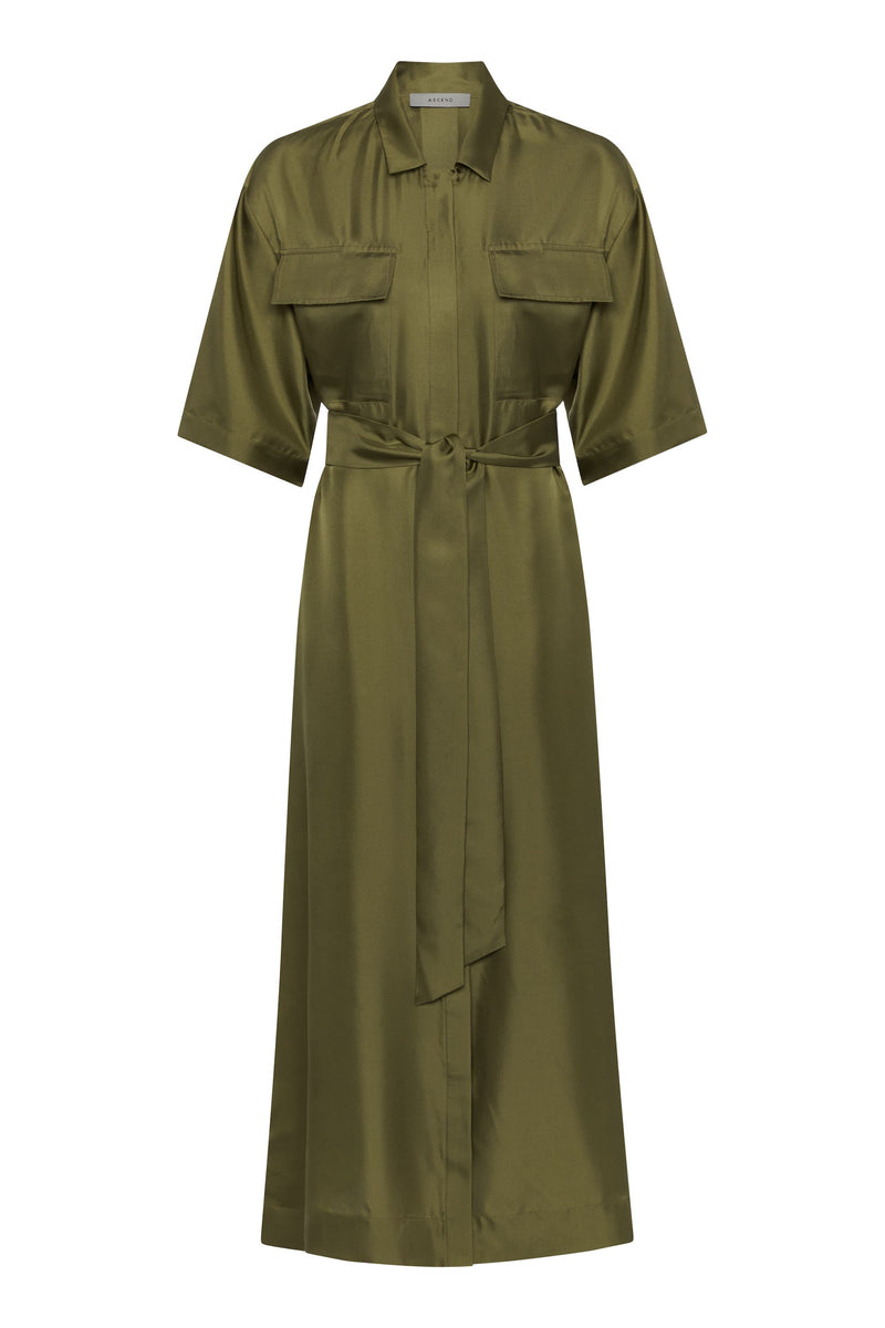 Khaki silk shirt dress outlet