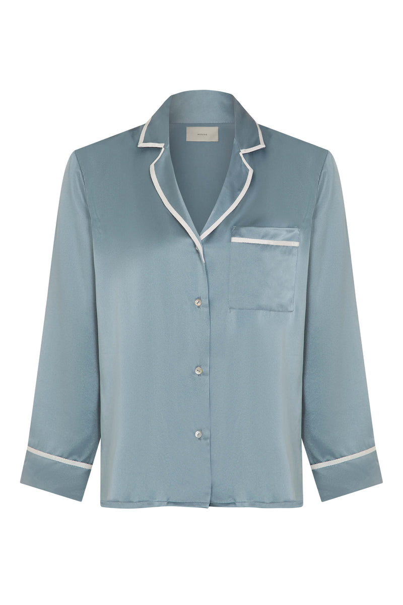 Sydney Cropped Pyjama Shirt Dust Blue Ribbon Pipped Silk