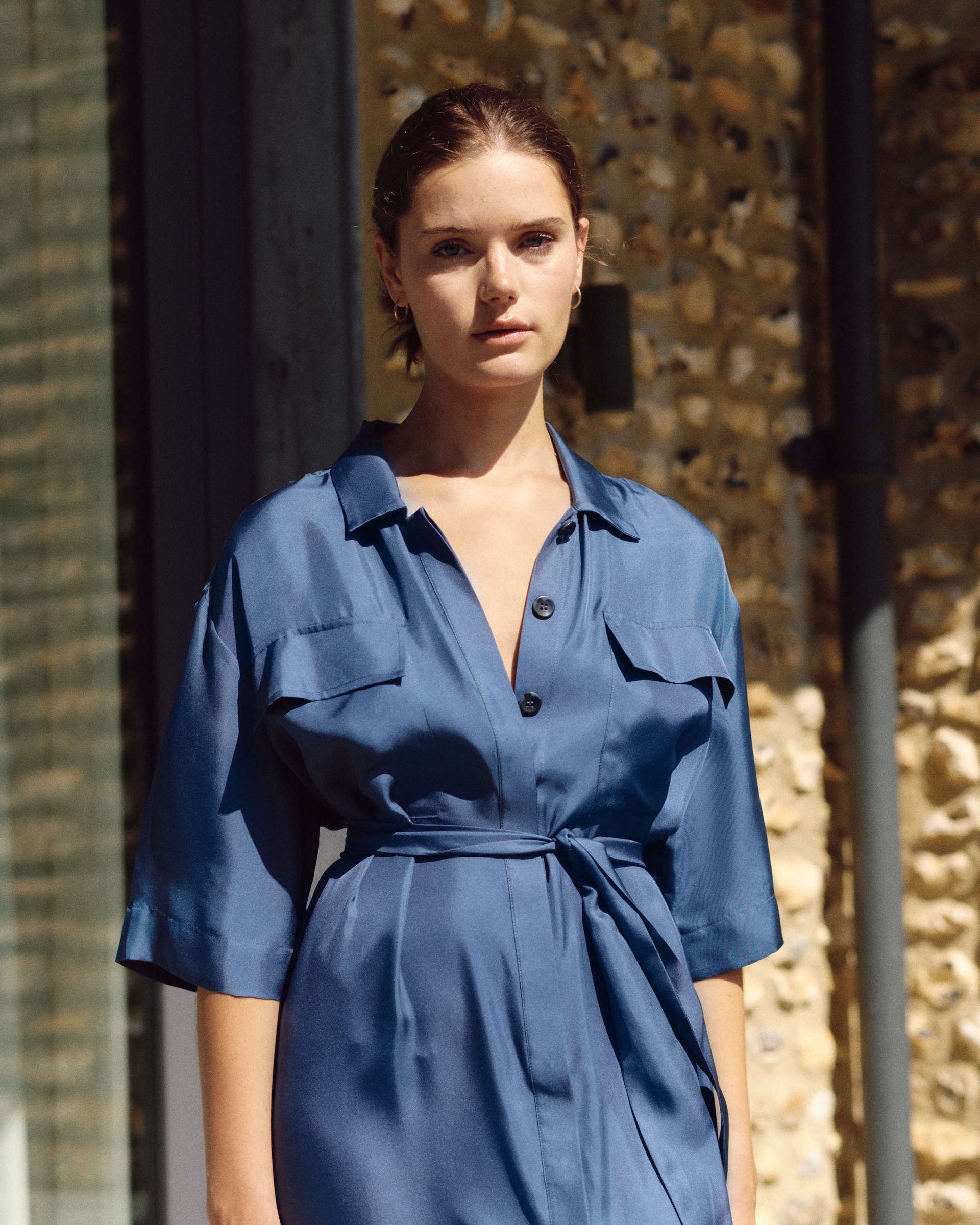 Amina Steel Blue Silk Twill Dress