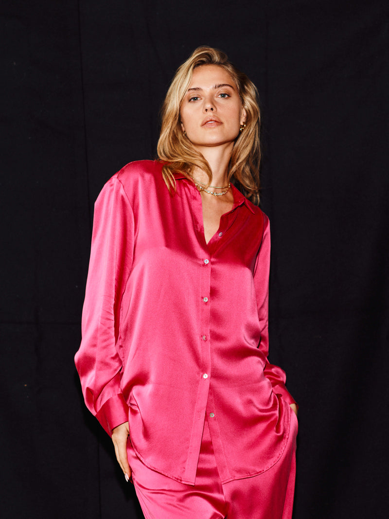 London Pyjama Top Hot Pink Silk Charmeuse