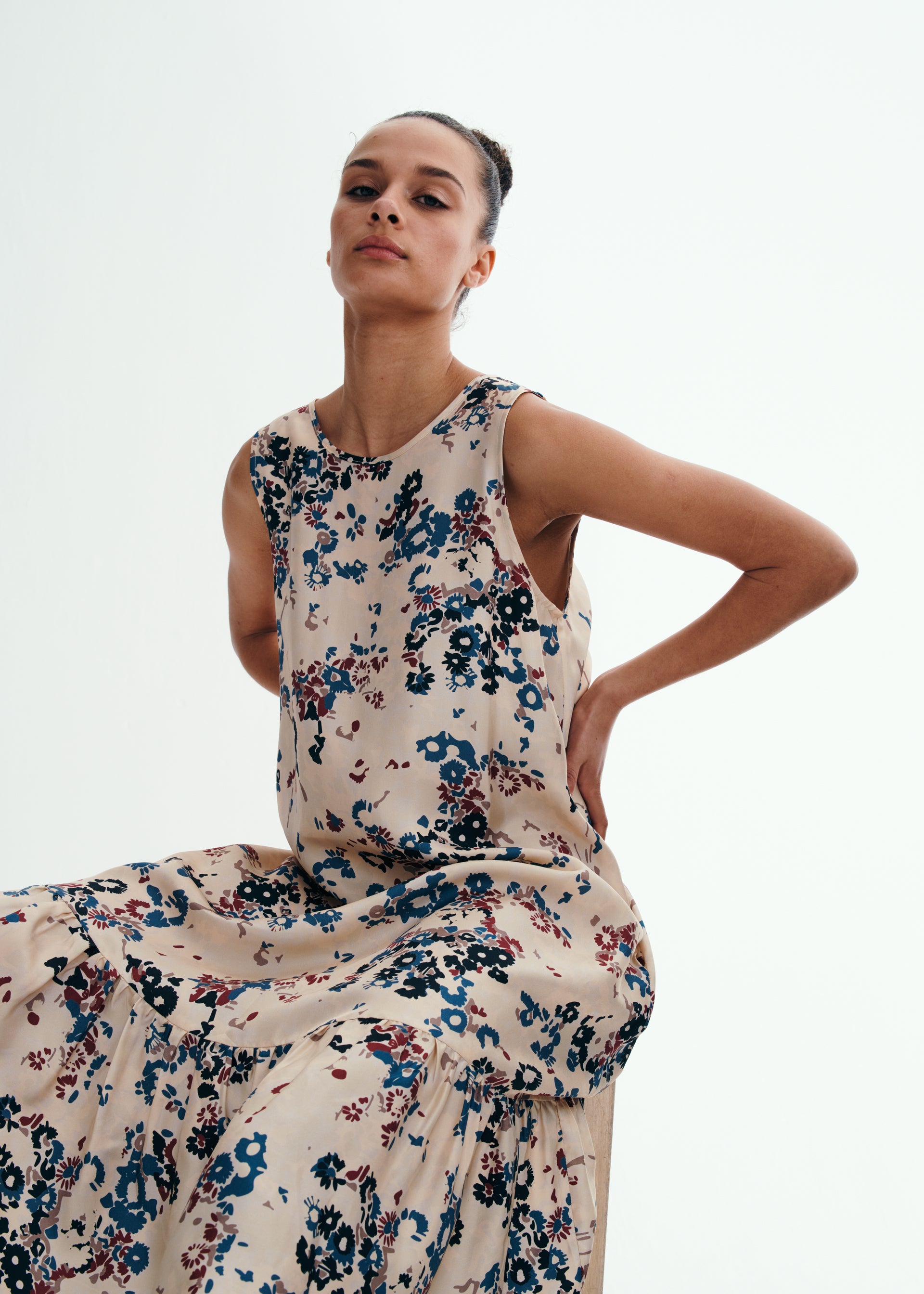Rhea Winter Flower Cream Silk Twill Dress