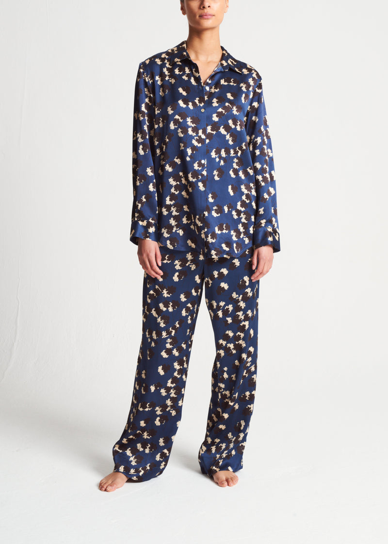 London Pyjama Top Geranium Navy Silk Charmeuse