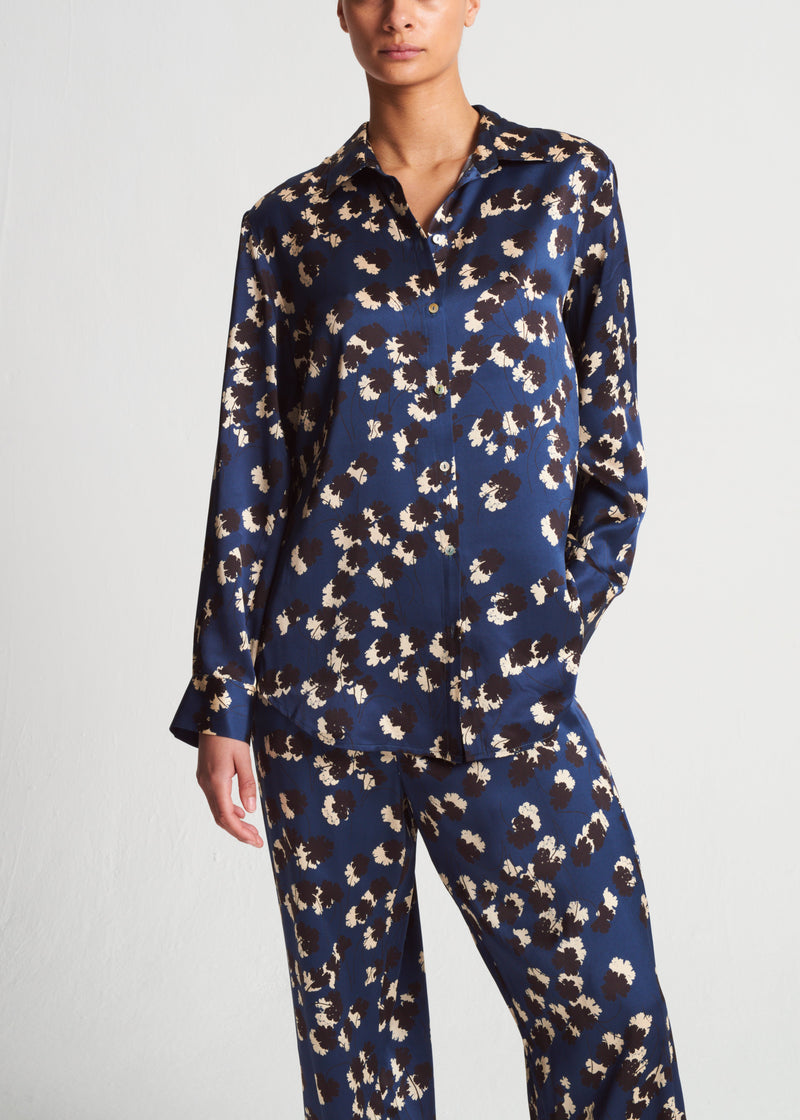 London Pyjama Top Geranium Navy Silk Charmeuse