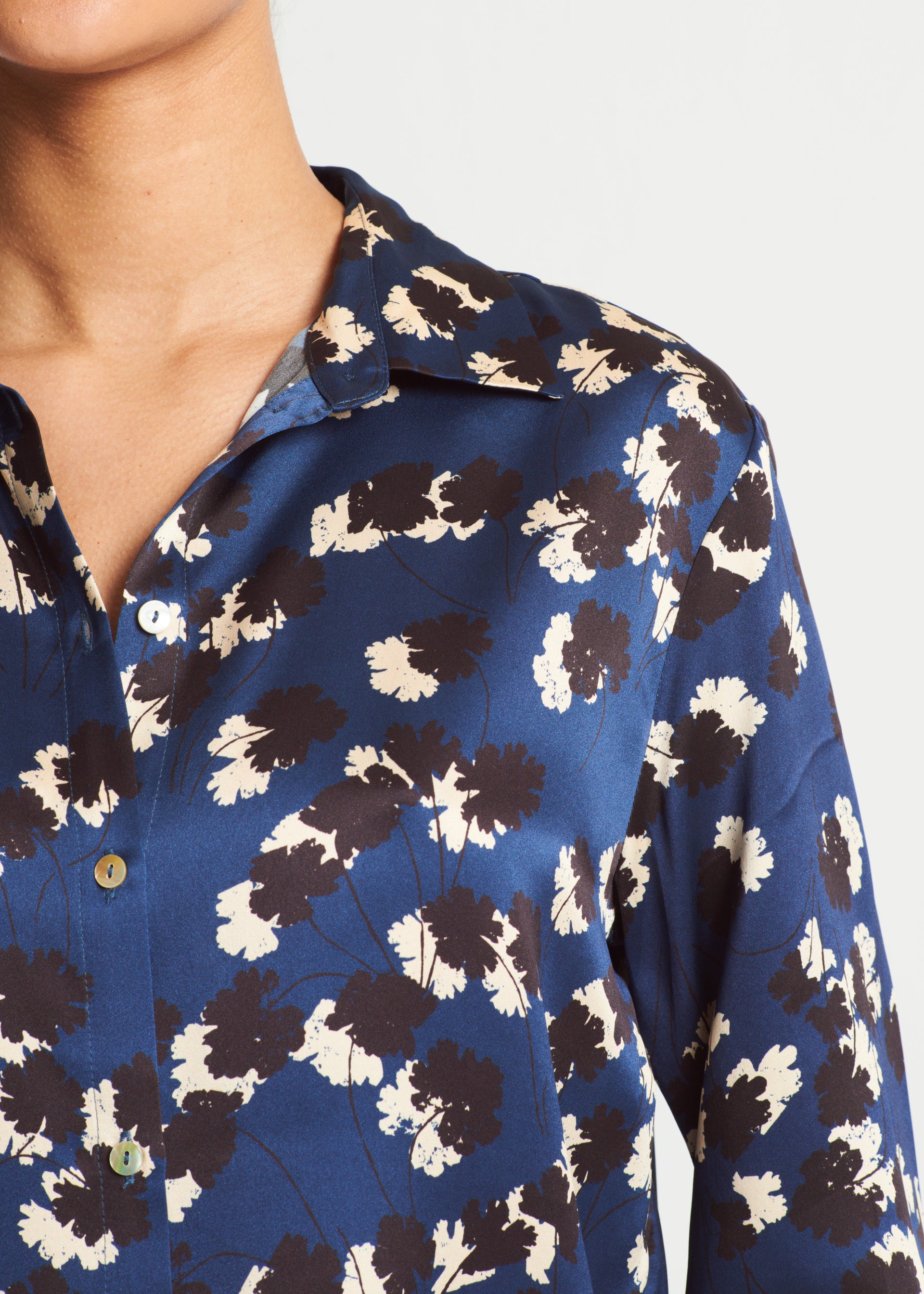 London Geranium Navy Silk Charmeuse Pyjama Top