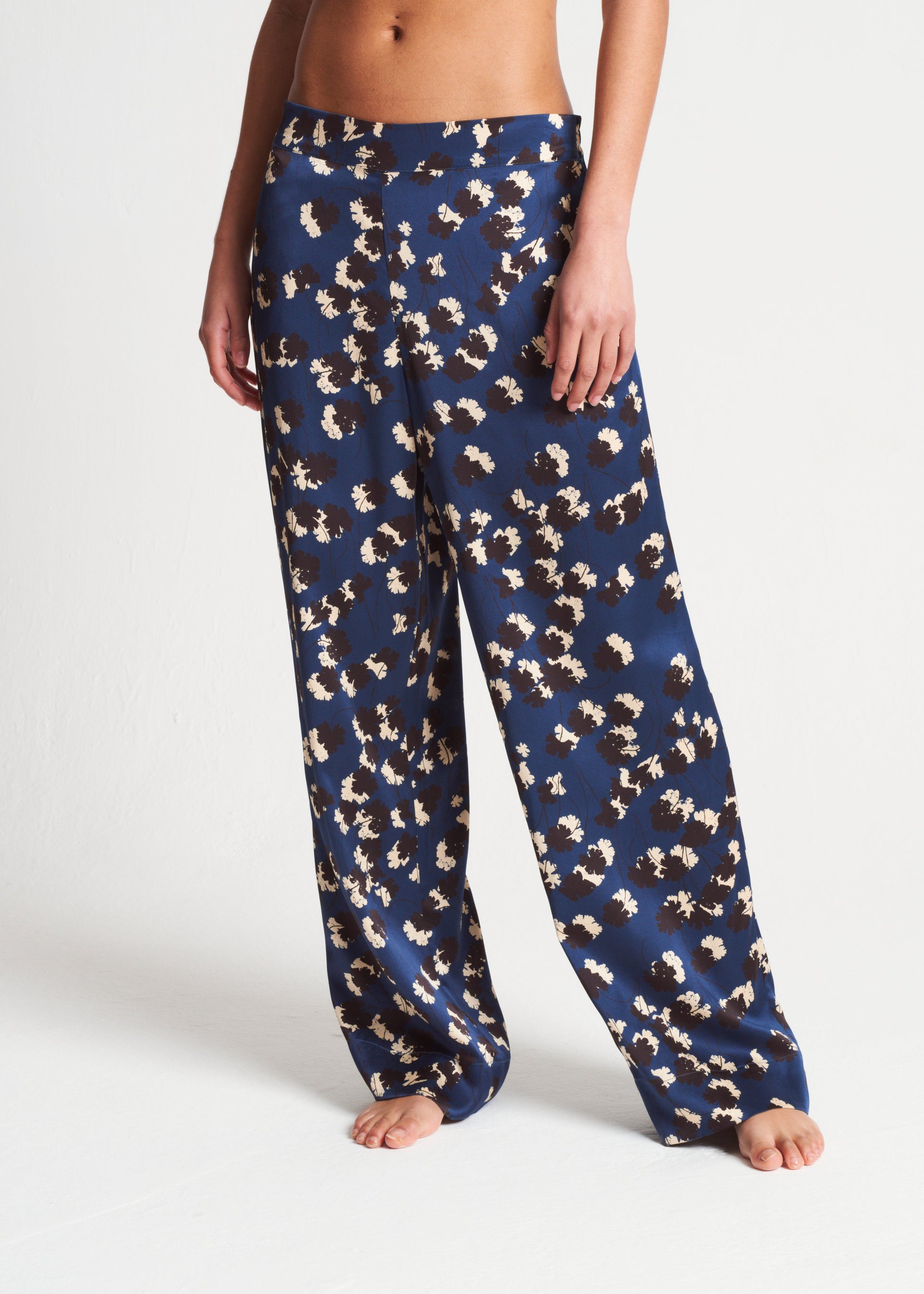 London Geranium Navy Silk Charmeuse Pyjama Bottom