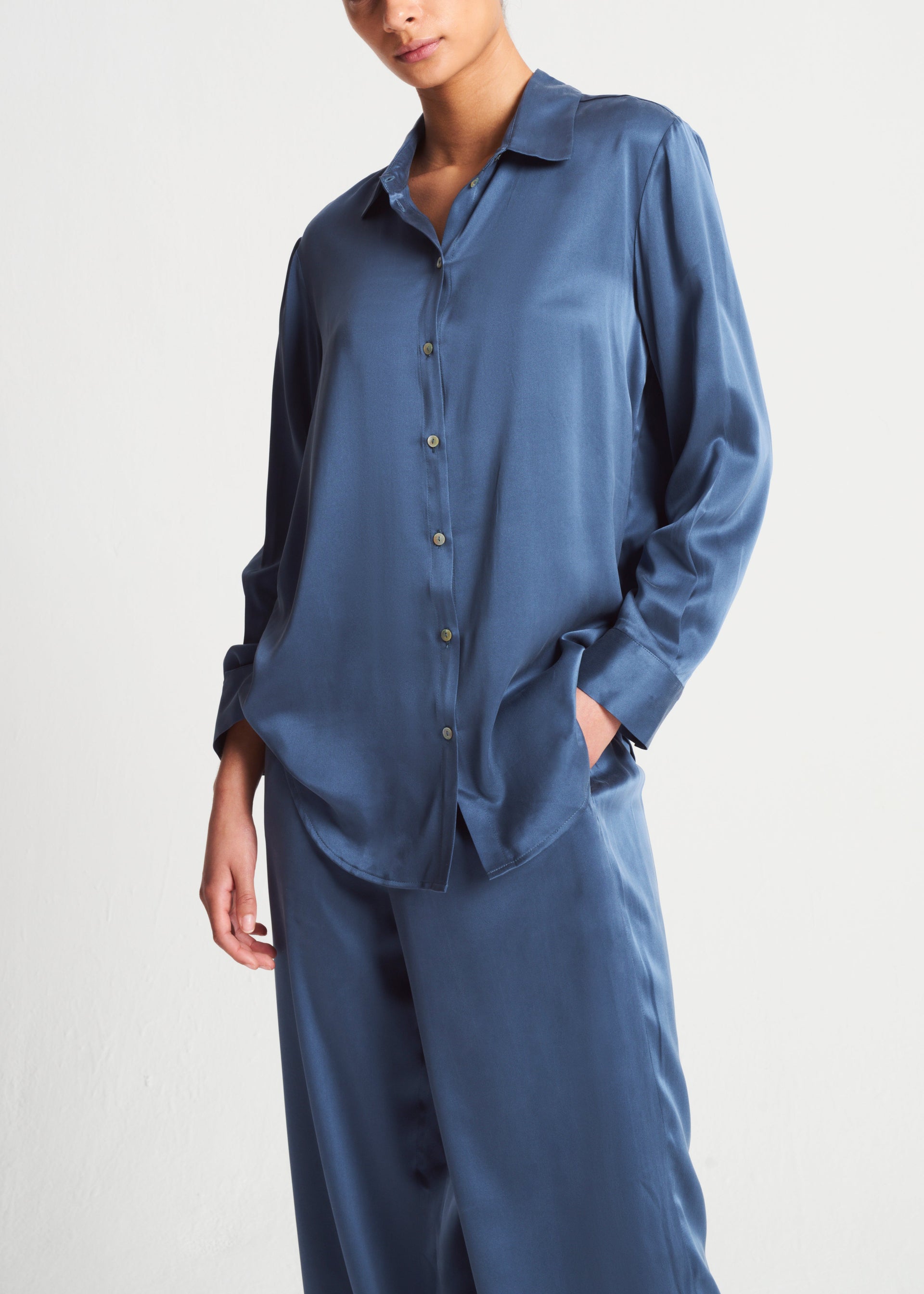 London Steel Blue Silk Charmeuse Pyjama Top