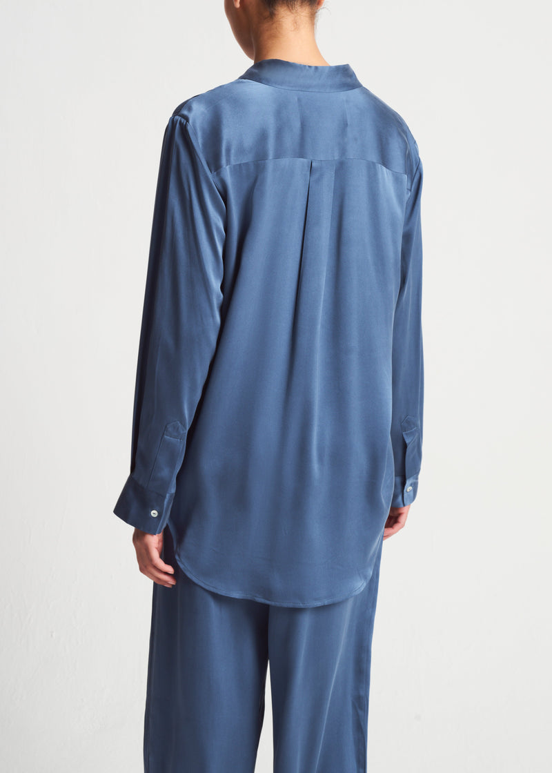 London Pyjama Top Steel Blue Silk Charmeuse