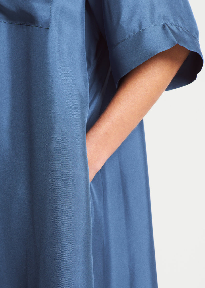 Amina Steel Blue Silk Twill Dress