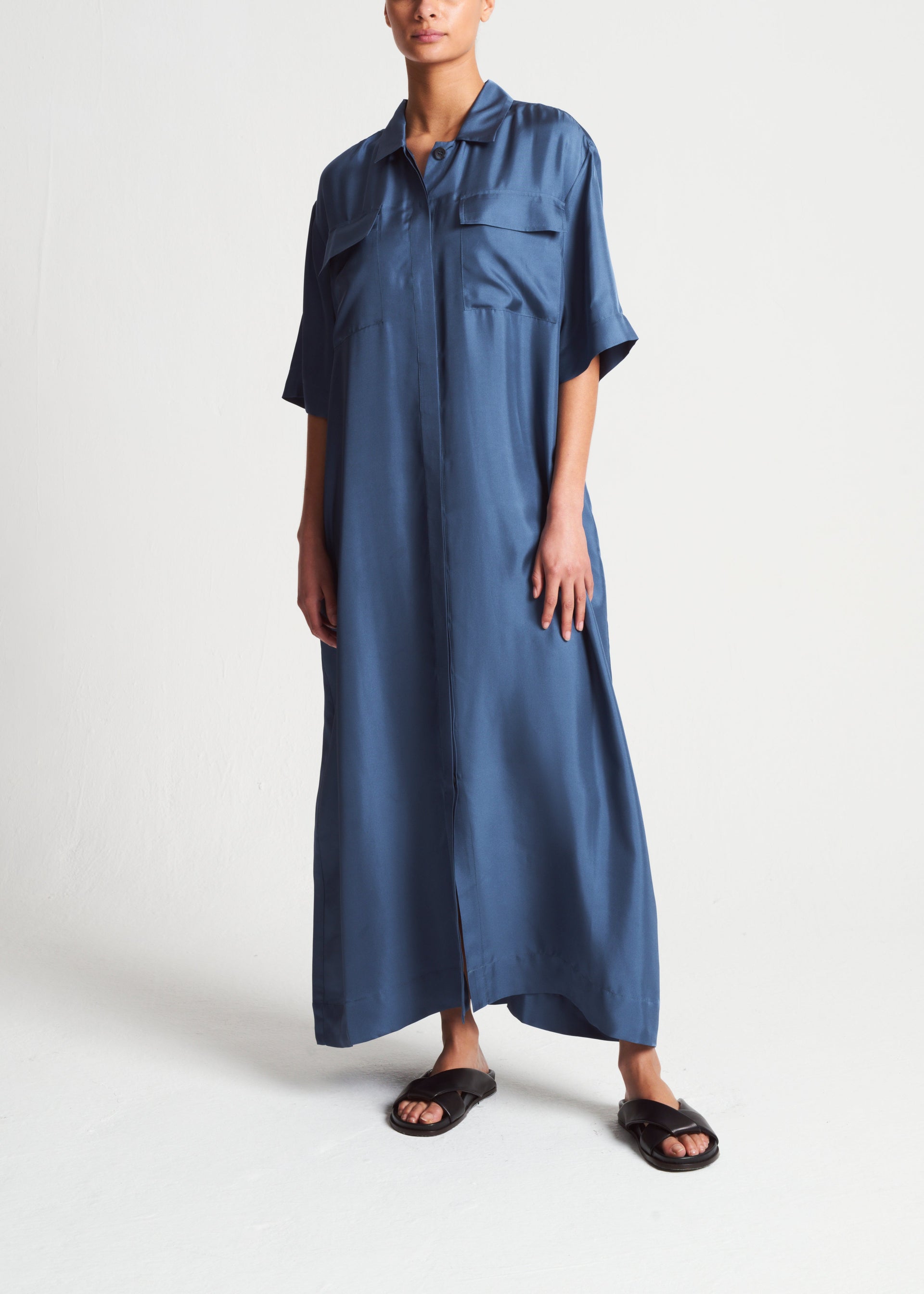 Amina Steel Blue Silk Twill Dress