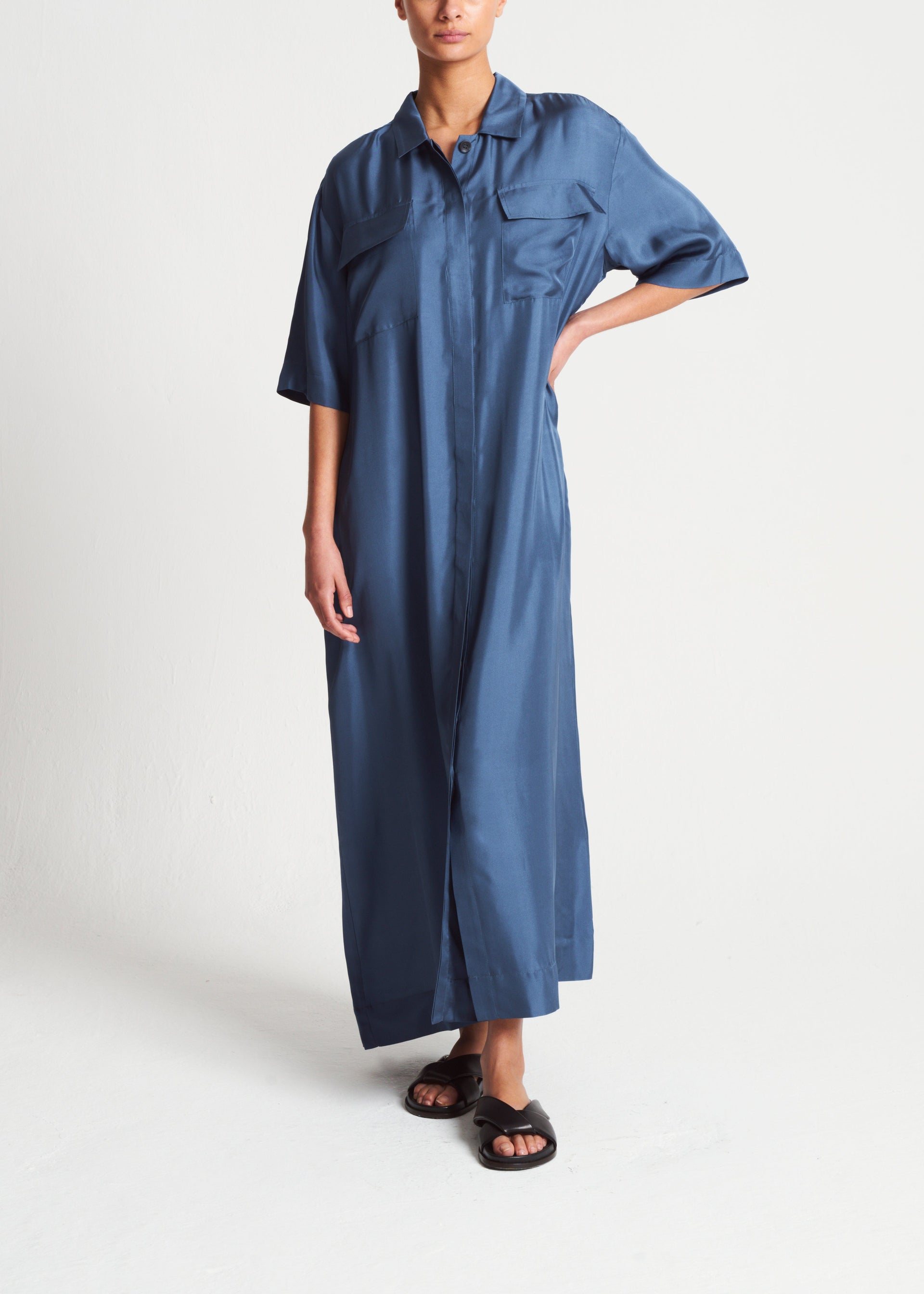 Amina Steel Blue Silk Twill Dress