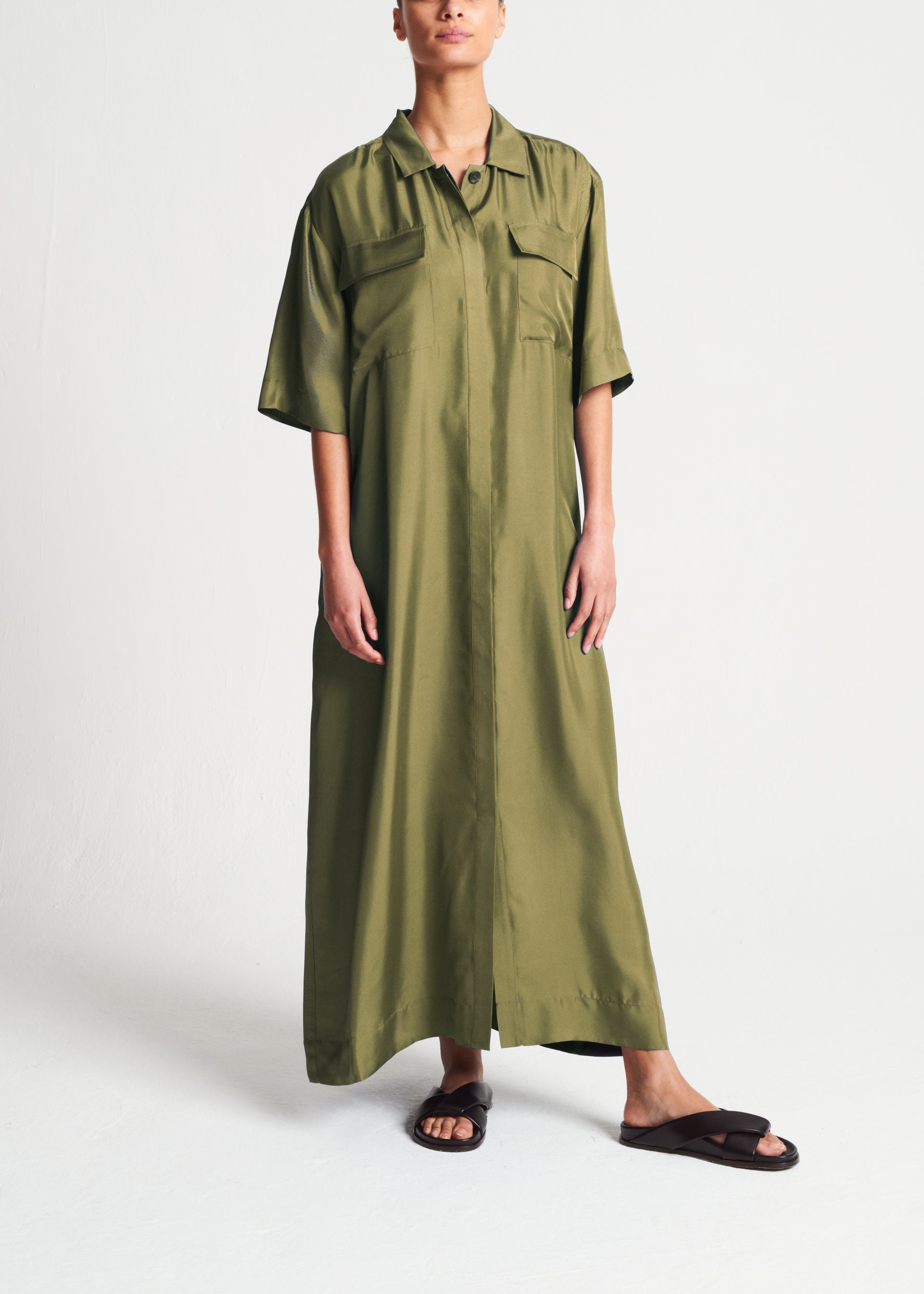 Amina Khaki Silk Twill Dress