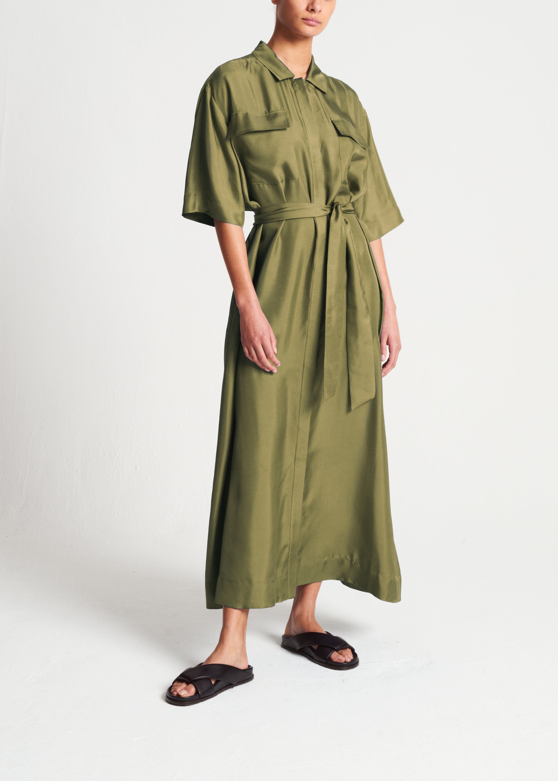 Amina Khaki Silk Twill Dress