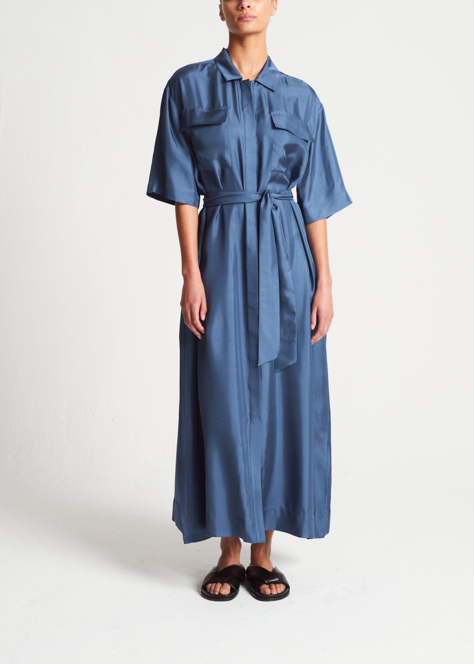 Amina Steel Blue Silk Twill Dress
