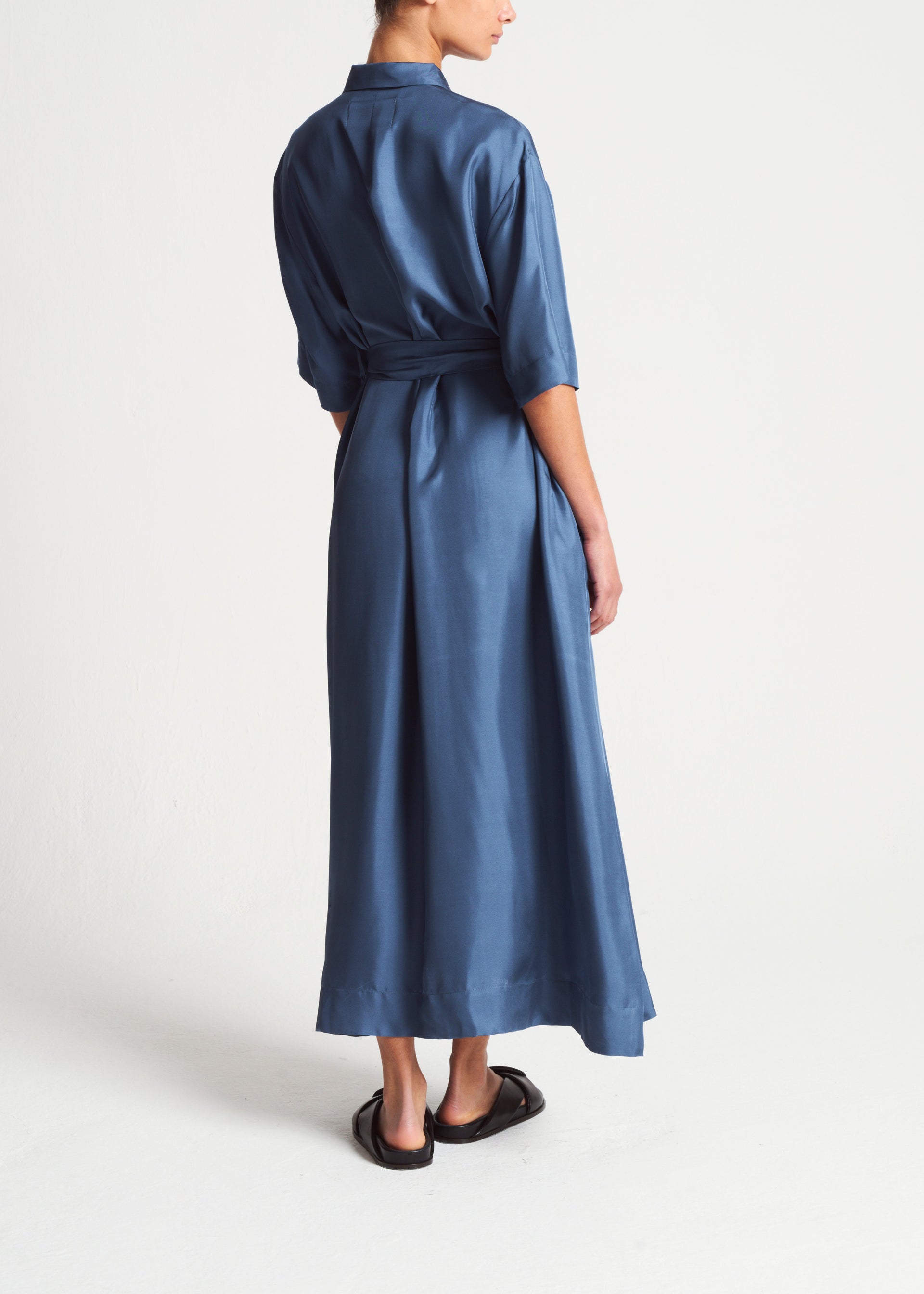 Amina Steel Blue Silk Twill Dress