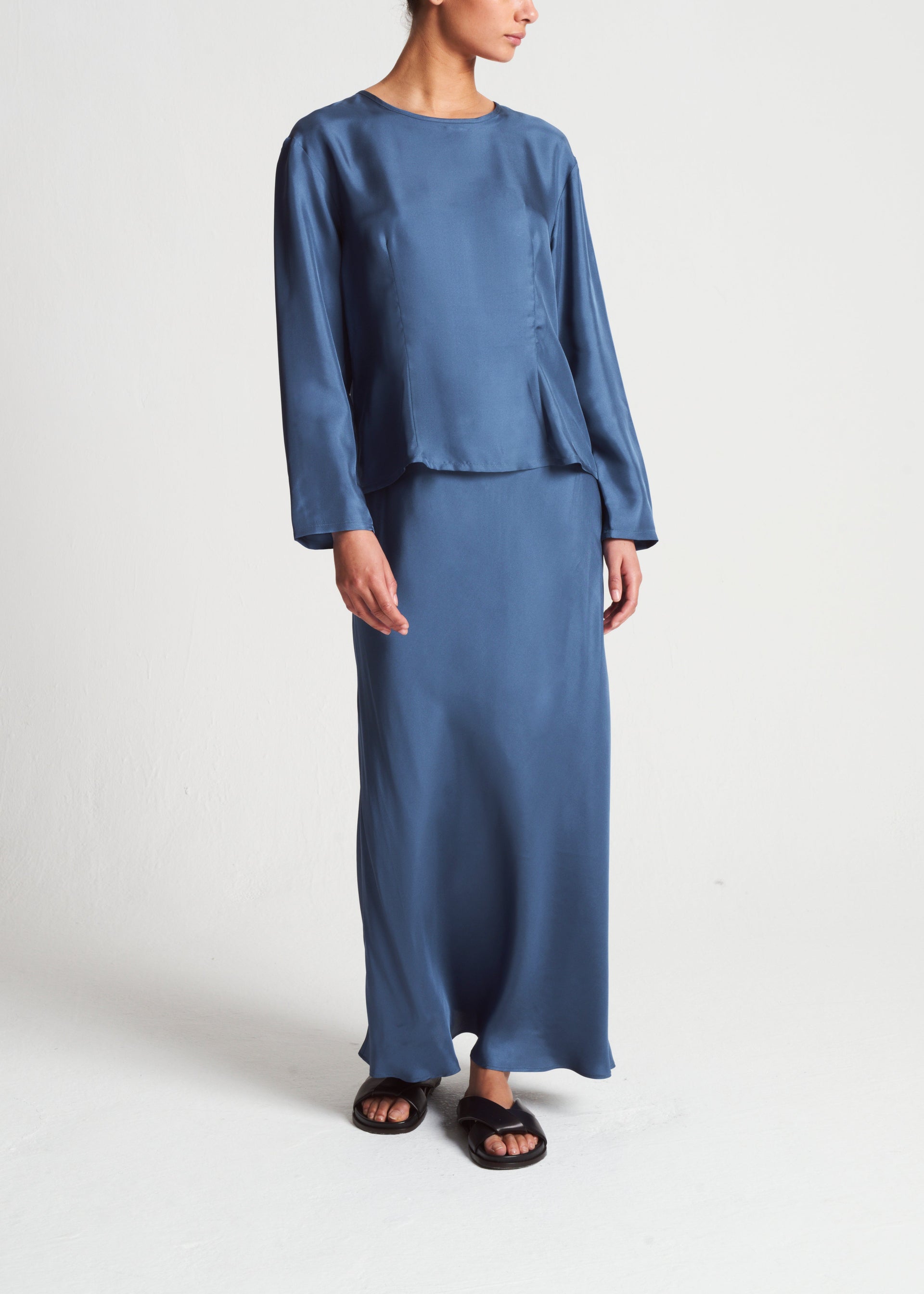 Cleo Steel Blue Silk Twill Skirt