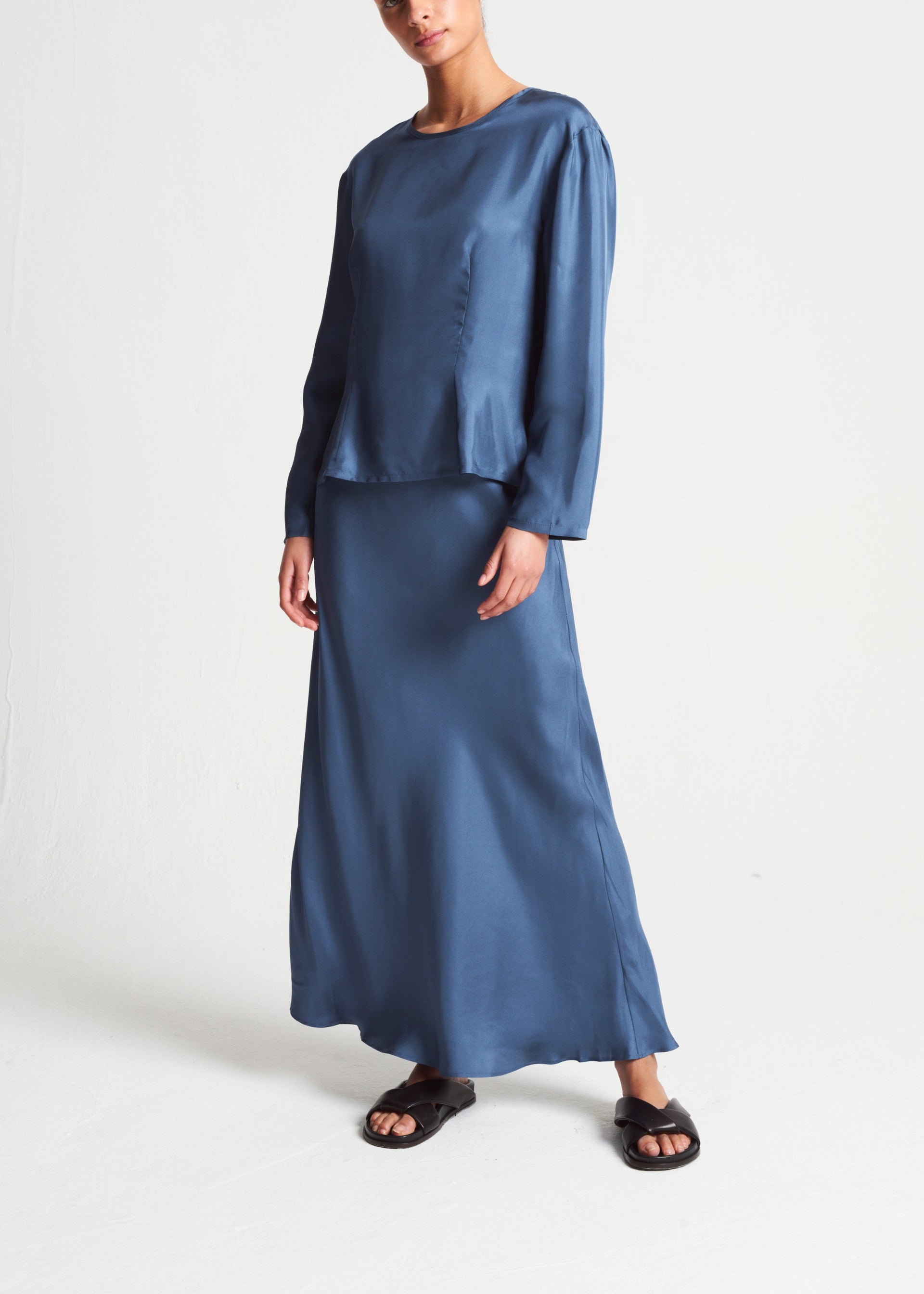 Cleo Steel Blue Silk Twill Skirt
