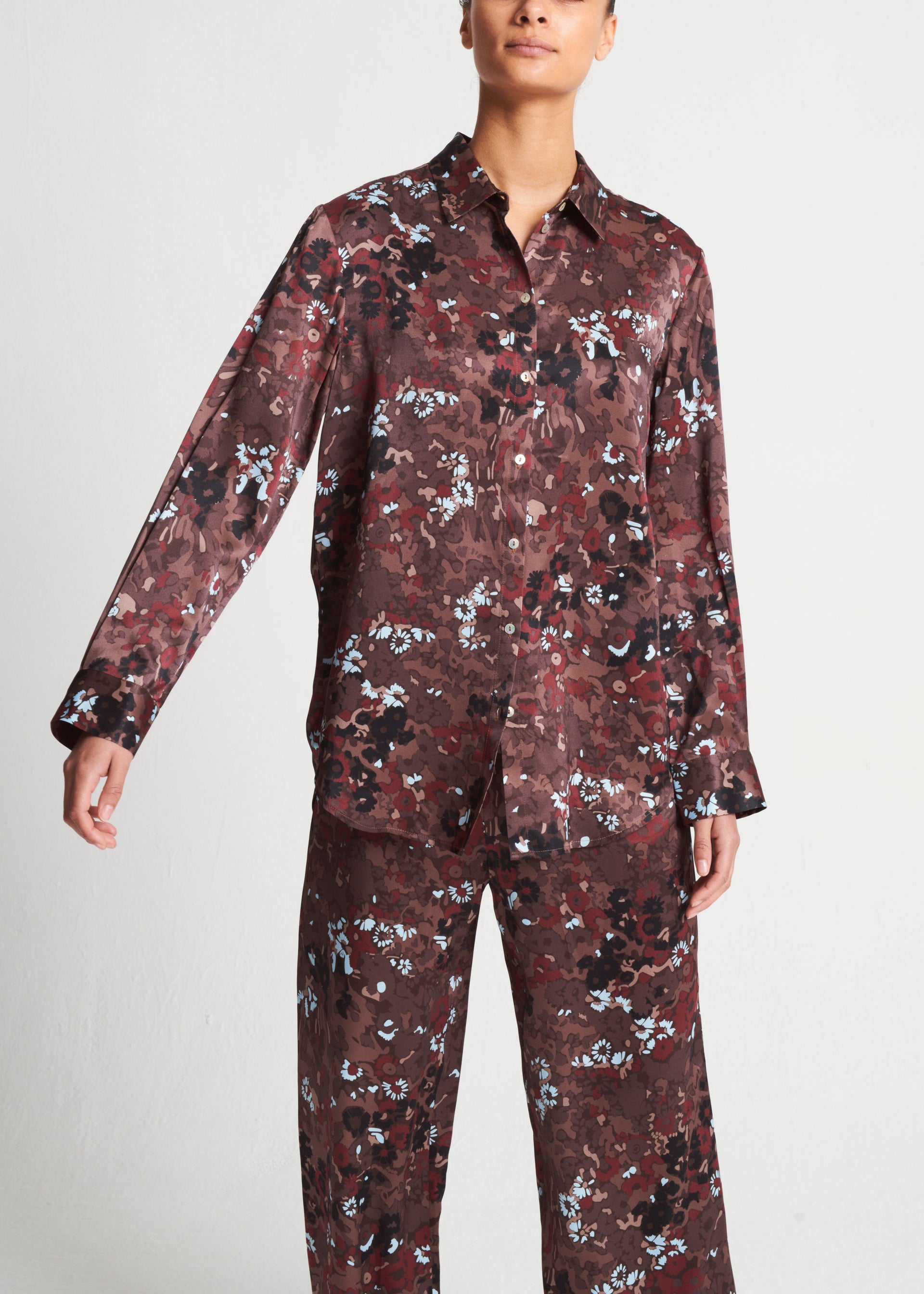 London Pyjama Top Winter Flower Cocoa Silk Charmeuse