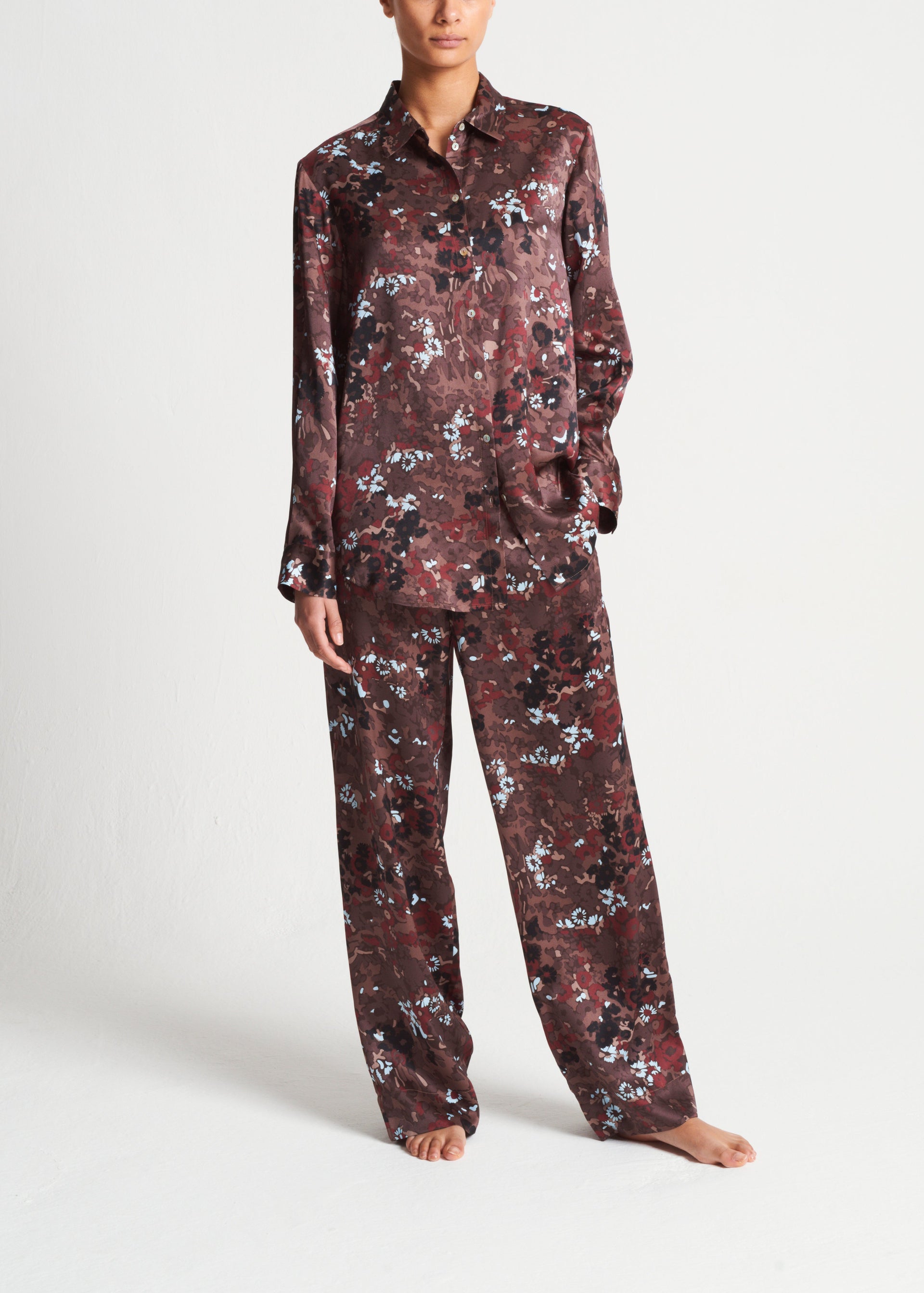 London Winter Flower Cocoa Silk Charmeuse Pyjama Top