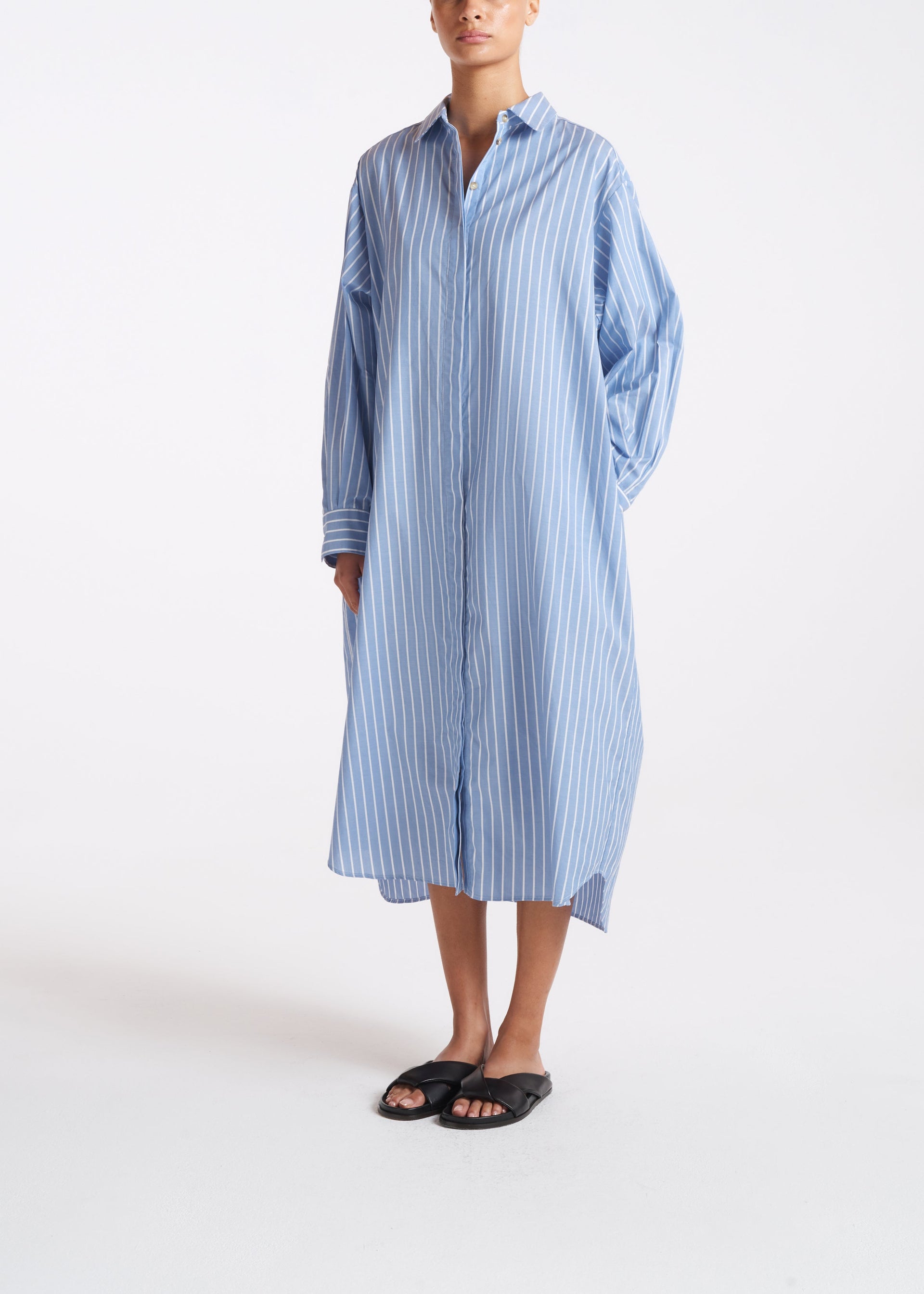 Allegra Blue & White Stripe Cotton Silk Shirt Dress