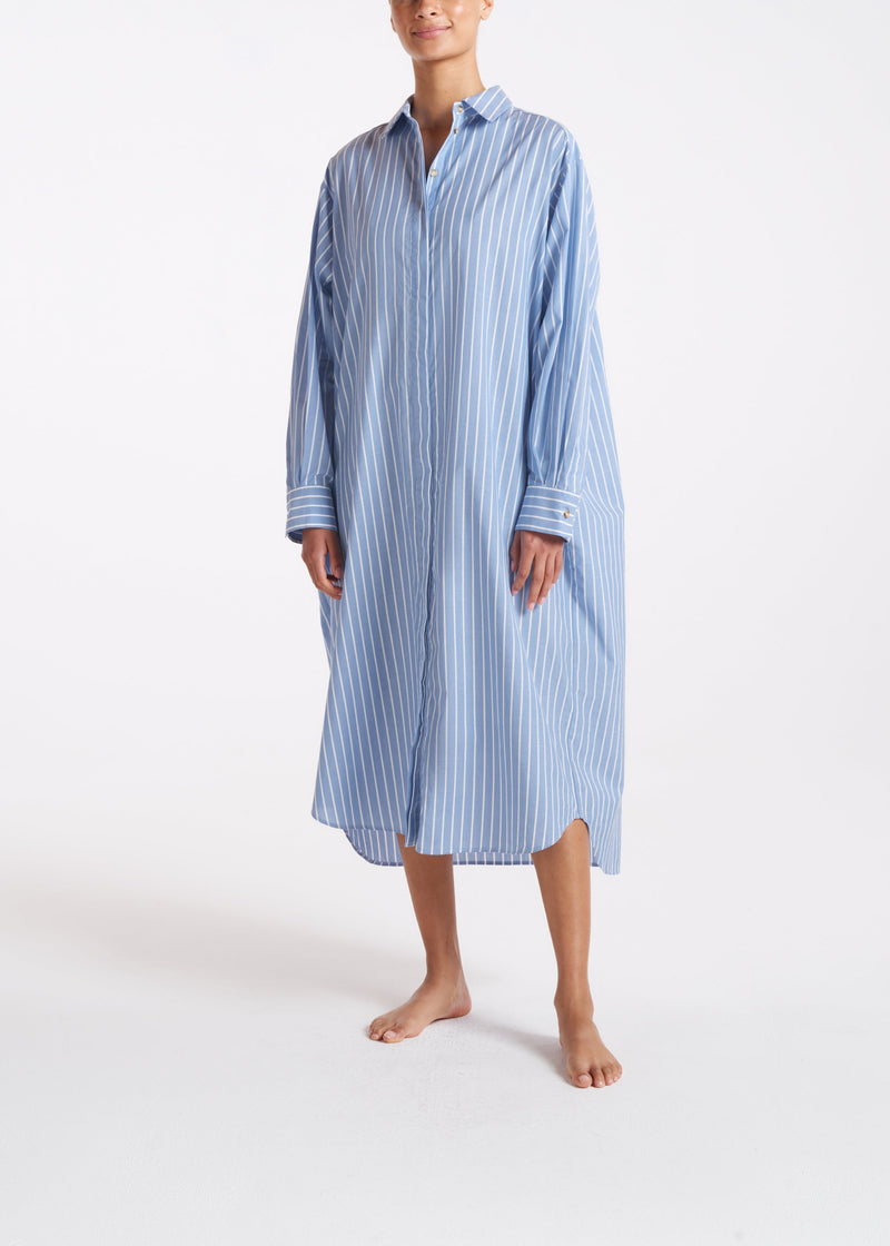 Allegra Blue & White Stripe Cotton Silk Shirt Dress