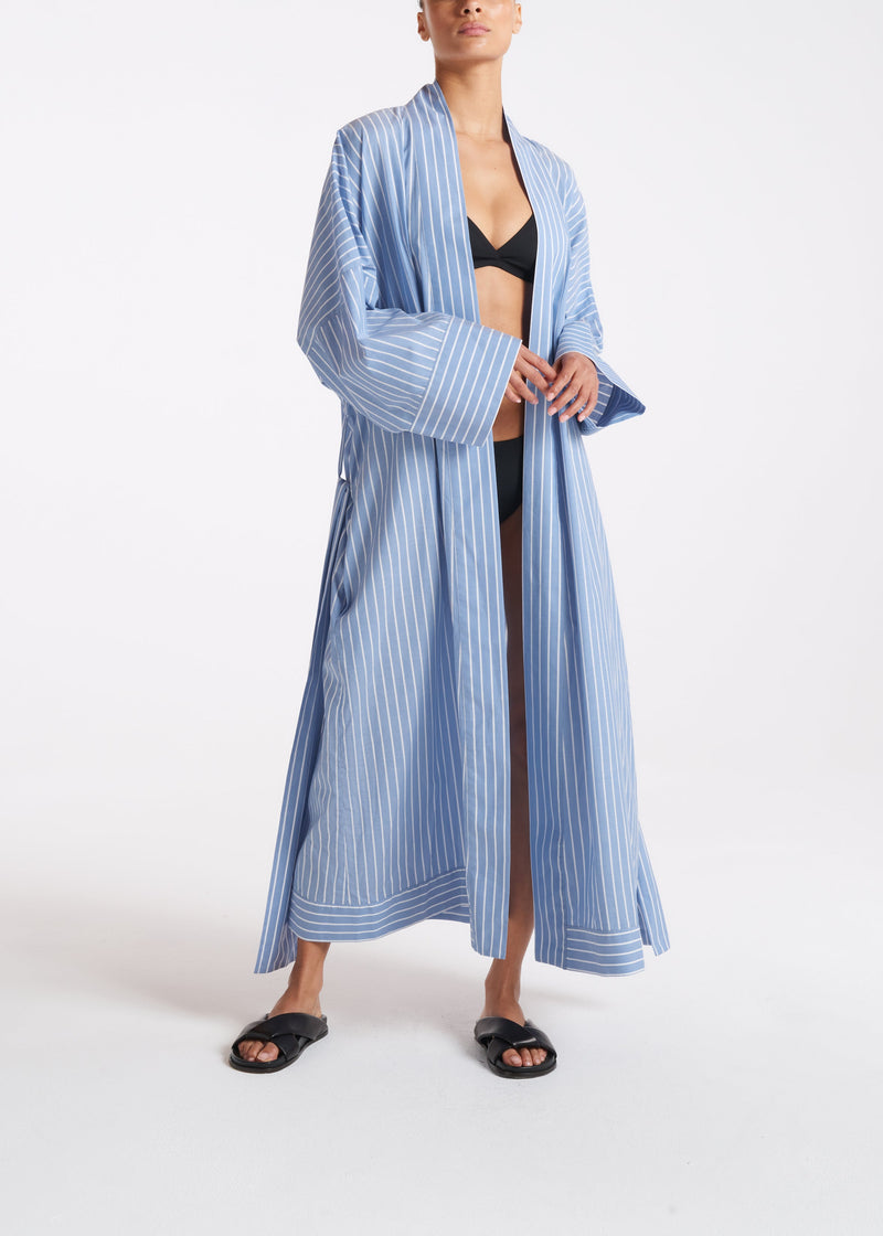 Athens Blue & White Stripe Cotton Silk Robe