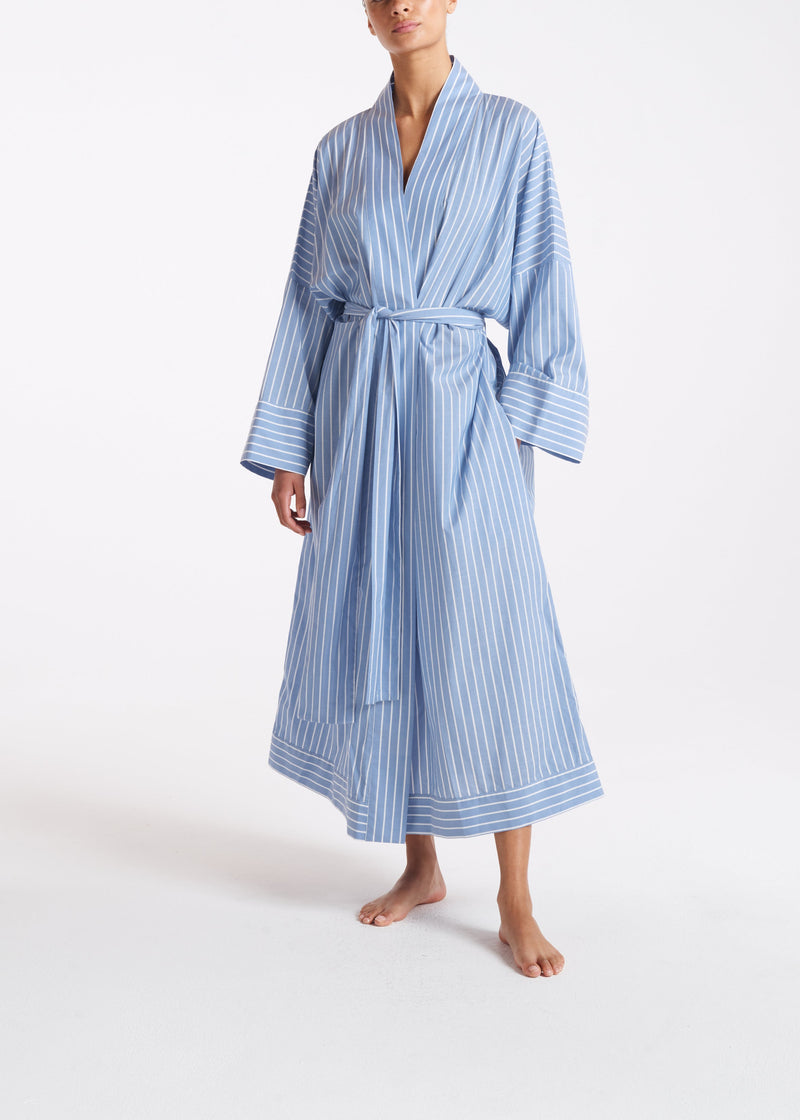 Athens Blue & White Stripe Cotton Silk Robe