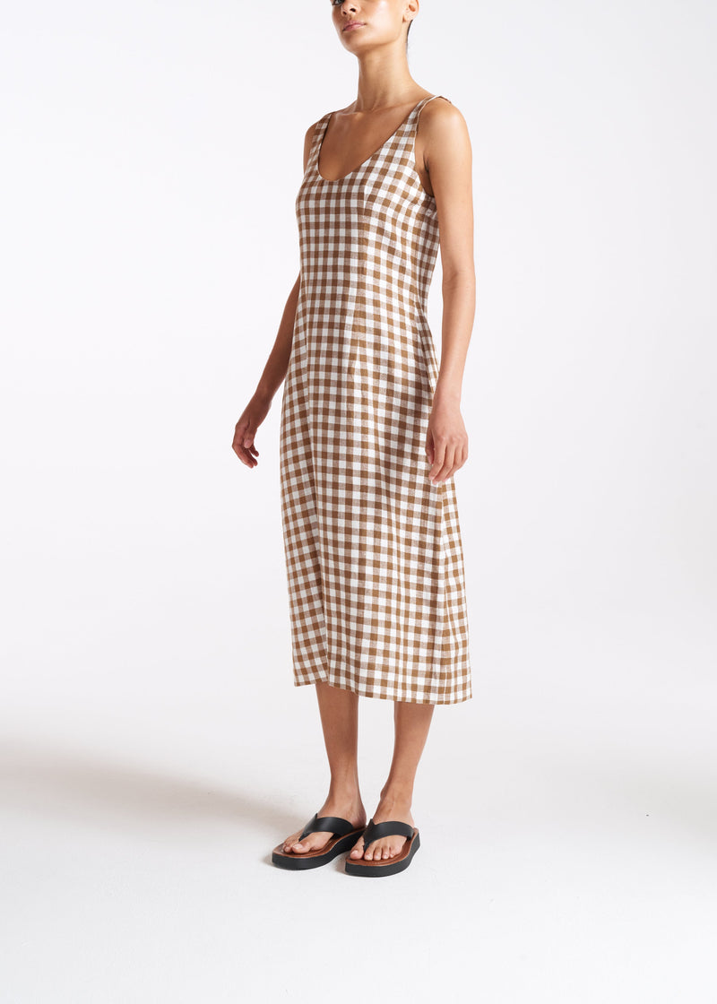Vero Brown Check Linen Dress