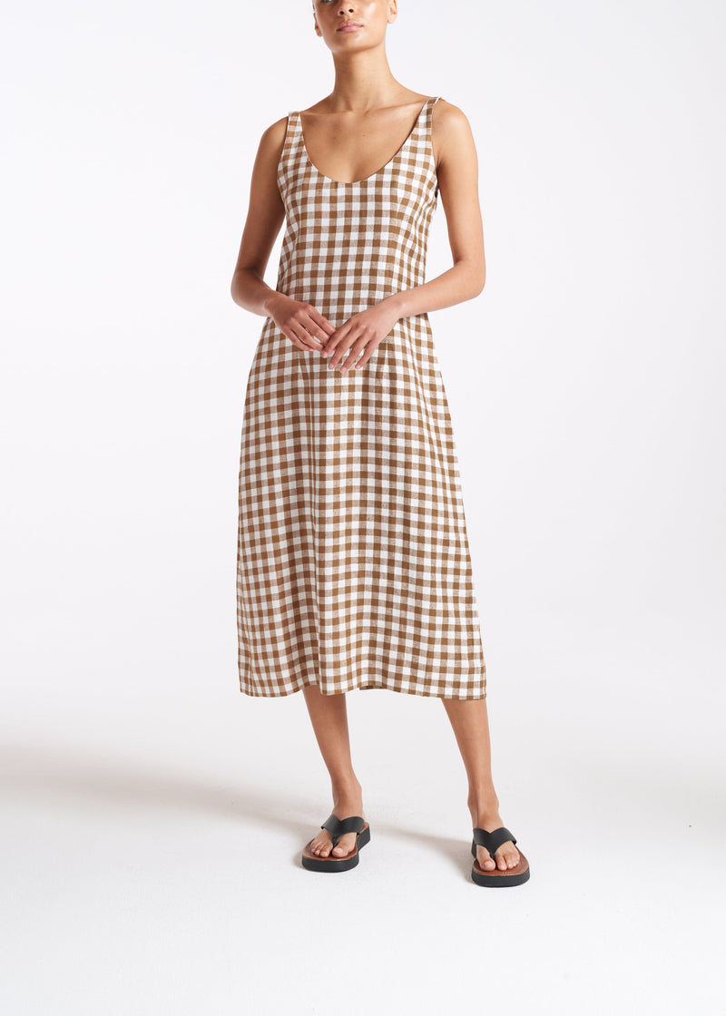 Vero Brown Check Linen Dress