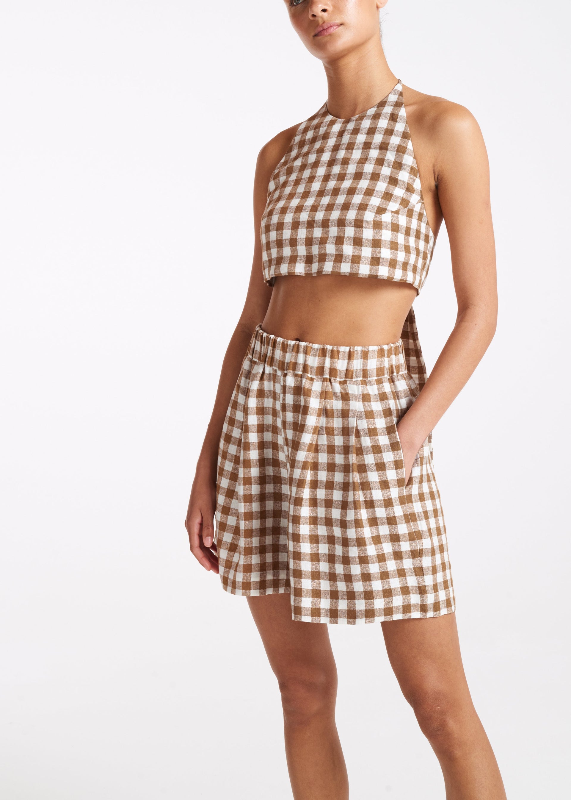 Marseille Brown Check Linen Crop Top