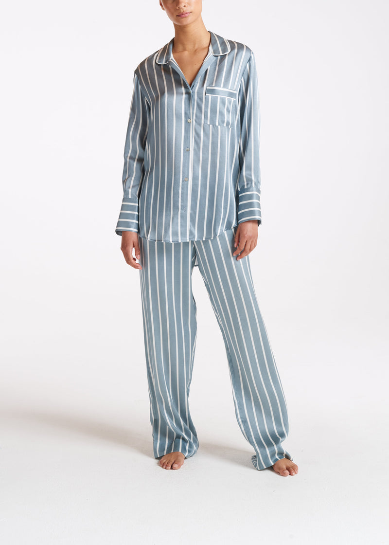 Paris Oversized Pyjama Shirt Dust Blue Stripe Silk