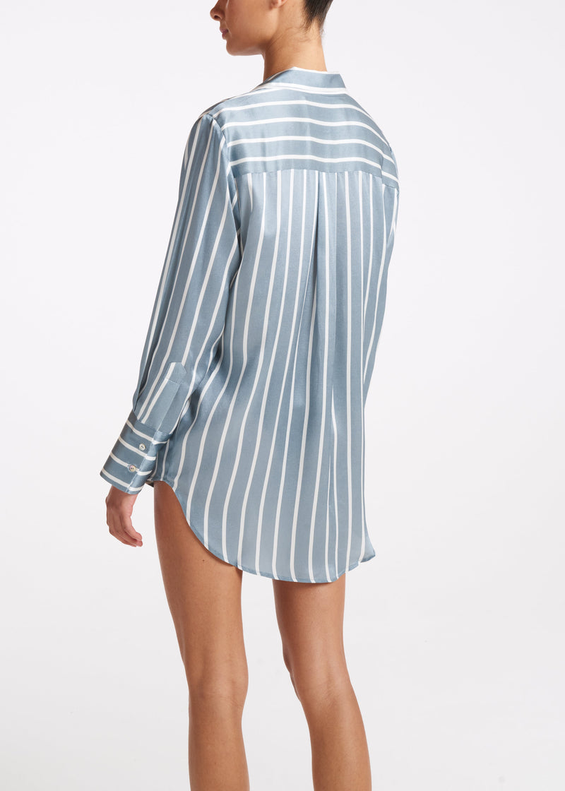 Paris Oversized Pyjama Shirt Dust Blue Stripe Silk