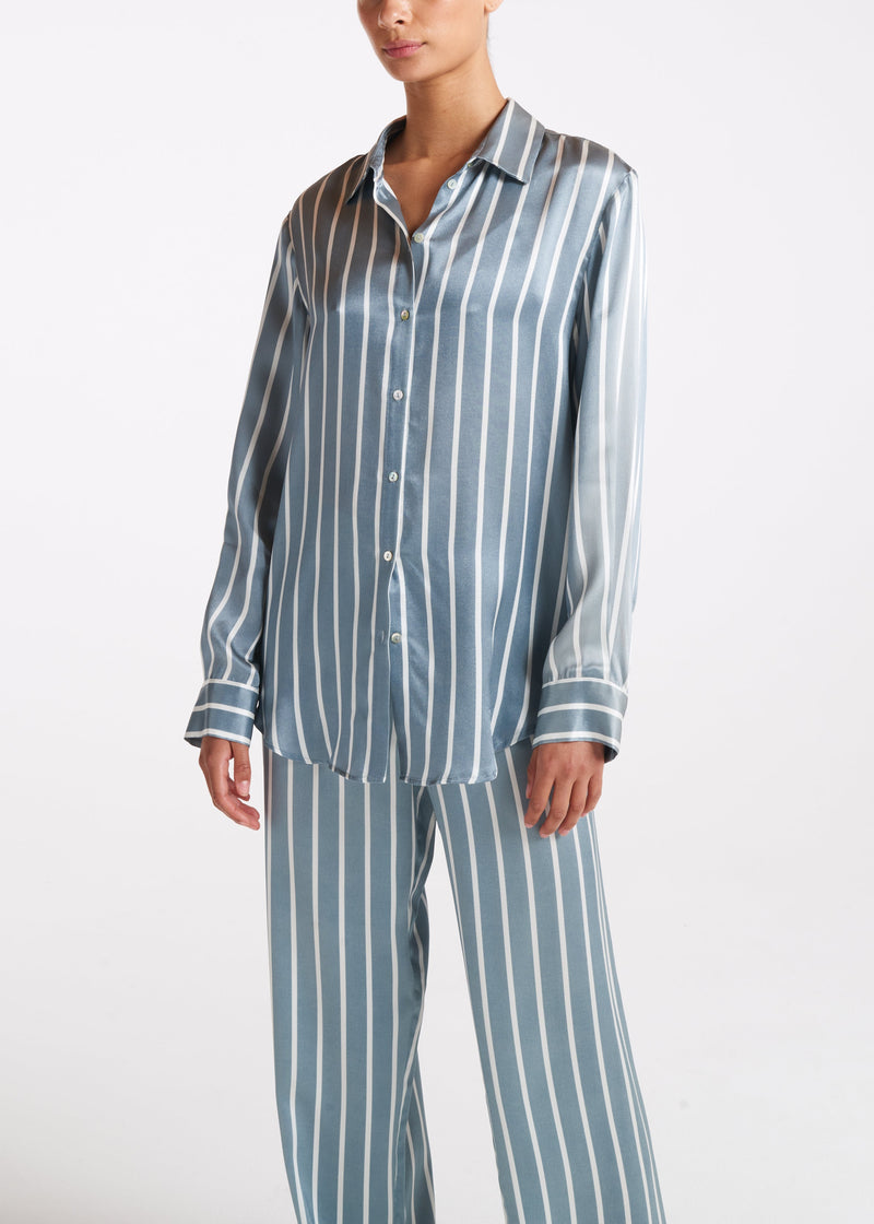 London Pyjama Top Dust Blue Stripe Silk